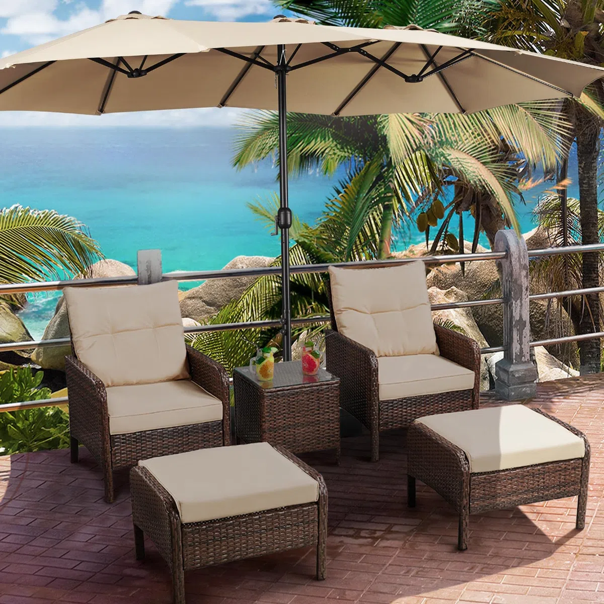Yaheetech Sonnenschirm mit Ständer Großartiger Terrassenschirm 385 x 240 cm mit Basis für Sonnenschutz für Balkon/Terrasse/Garten Rechteckig Gartenschirm mit UV Schutz 50+, Hellbraun