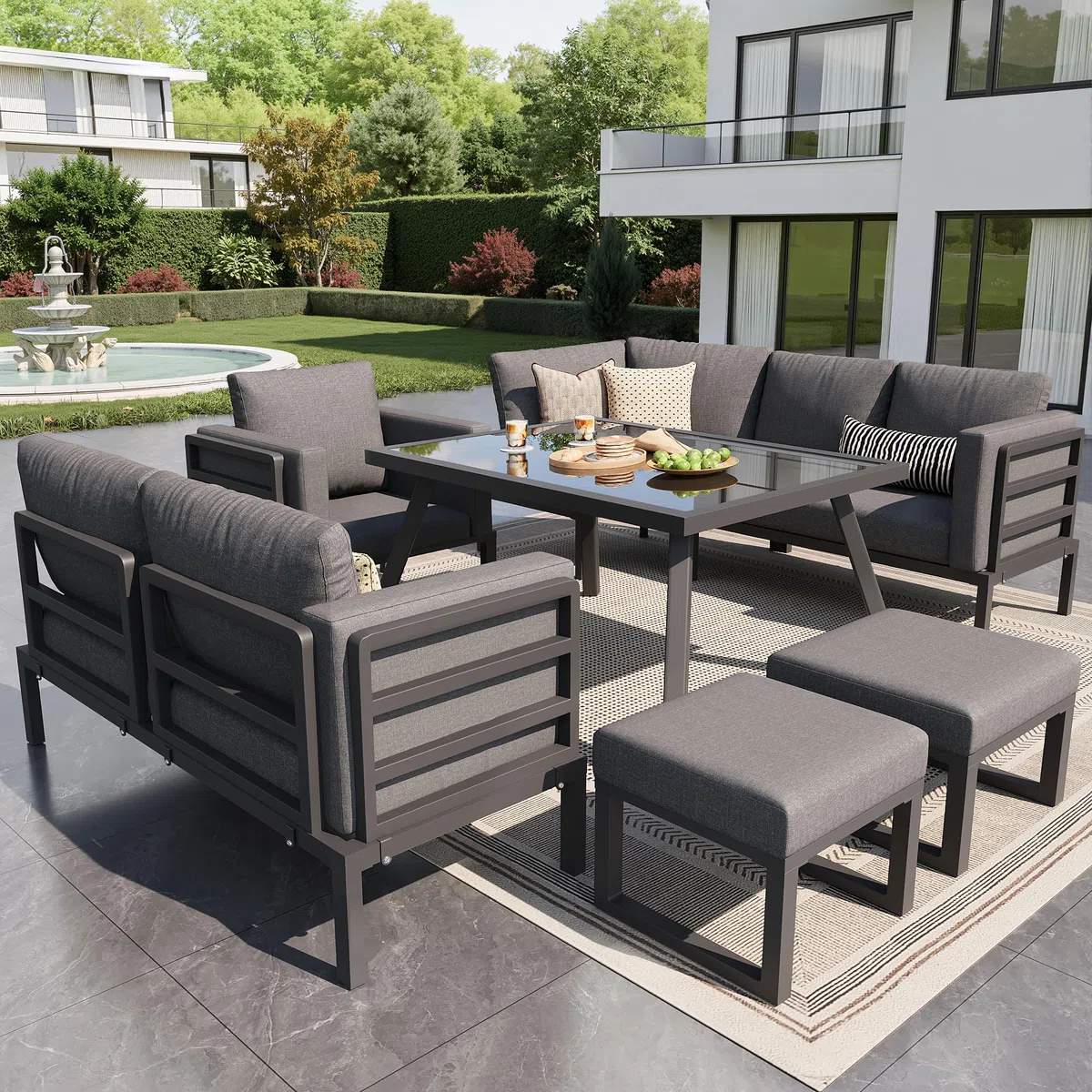 Mrwoo Halbmond Sofaset für 8 Personen mit Glastisch, 1 Sessel & 2 Hocker, Wetterfeste Gartenmöbel aus Eisengestell mit grauen Polstern für Terrasse & Balkon (Grau)