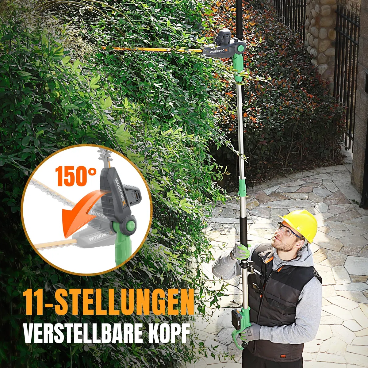 WORKPROX Akku Teleskop-Heckenschere 20V mit 2,0Ah Batteie & Typ-C Ladekabel, 2,8m Heckenschere Schnittlänge 45cm, Ø18mm, Heckentrimmer mit Teleskopstange für Garten, Hohen Hecken & Sträucher