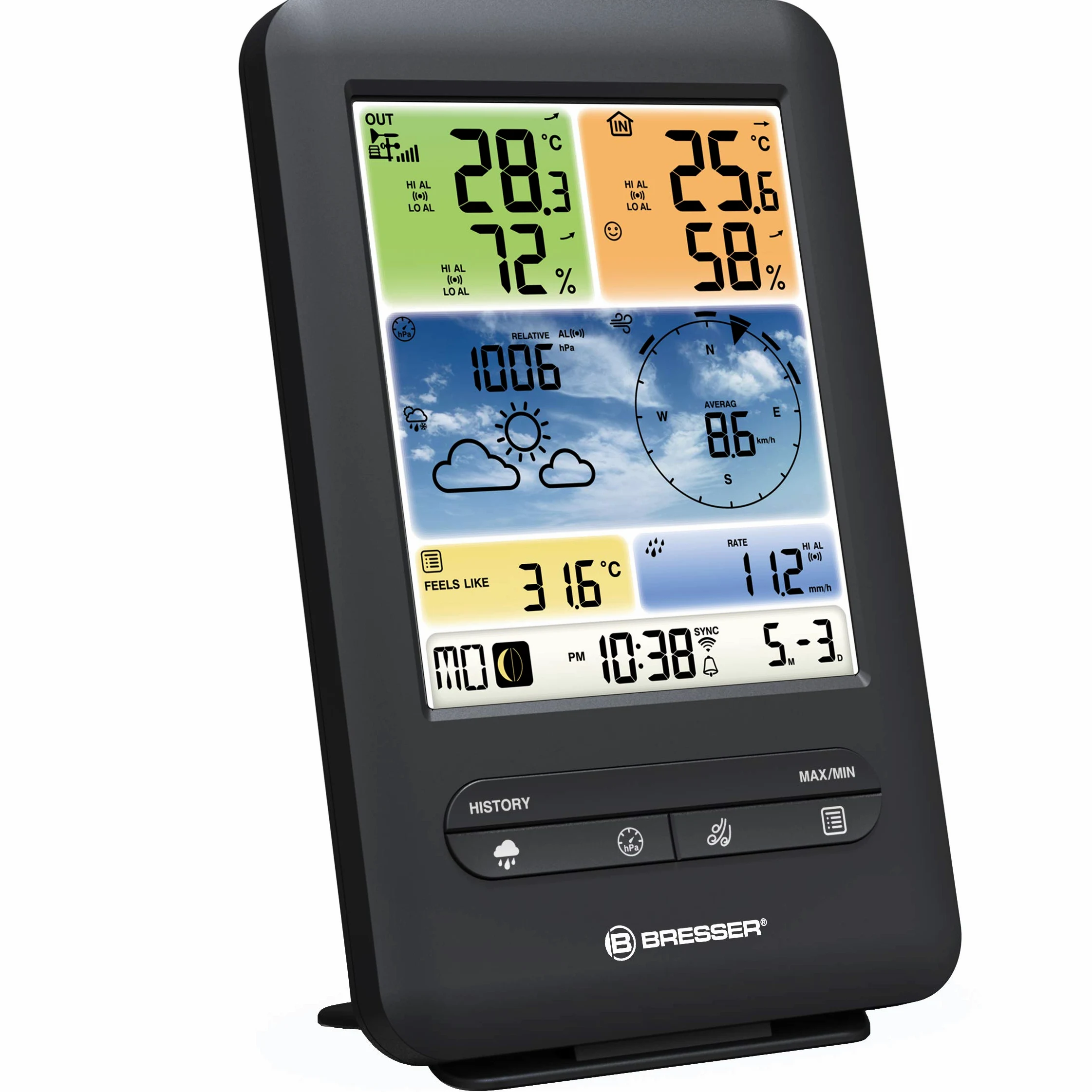 Bresser Wetterstation Funk mit Außensensor WLAN Farb-Wetter Center 5-in-1 mit Außensensor für Temperatur, Luftfeuchtigkeit, Luftdruck, Windmesser und Regenmesser, Schwarz | Innentemperatur und Außentemperatur, Luftfeuchtigkeit, Regenmesser, Windmesser, We