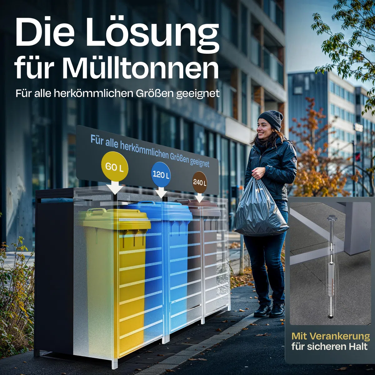 EDELFELD - Wetterfeste Mülltonnenbox für 3 Tonnen [bis 240L] - Abschließbare Mülltonnenverkleidung aus massivem Stahl - 3er Mülltonnenbox mit Soft Close - Inkl. Magnete zur Müllbox Beschriftung