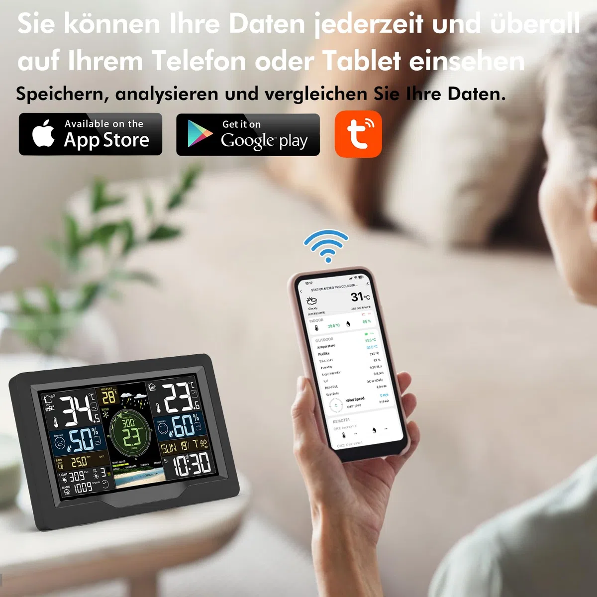 jely Wlan Wetterstation mit APP Wifi Wetterstation Funk mit Außensensor Thermometer Hygrometer Ausen Funkwetterstation mit Windmesser, Regenmesser, Temperatur, Luftfeuchtigkeit, Luftdruck, UV-Index