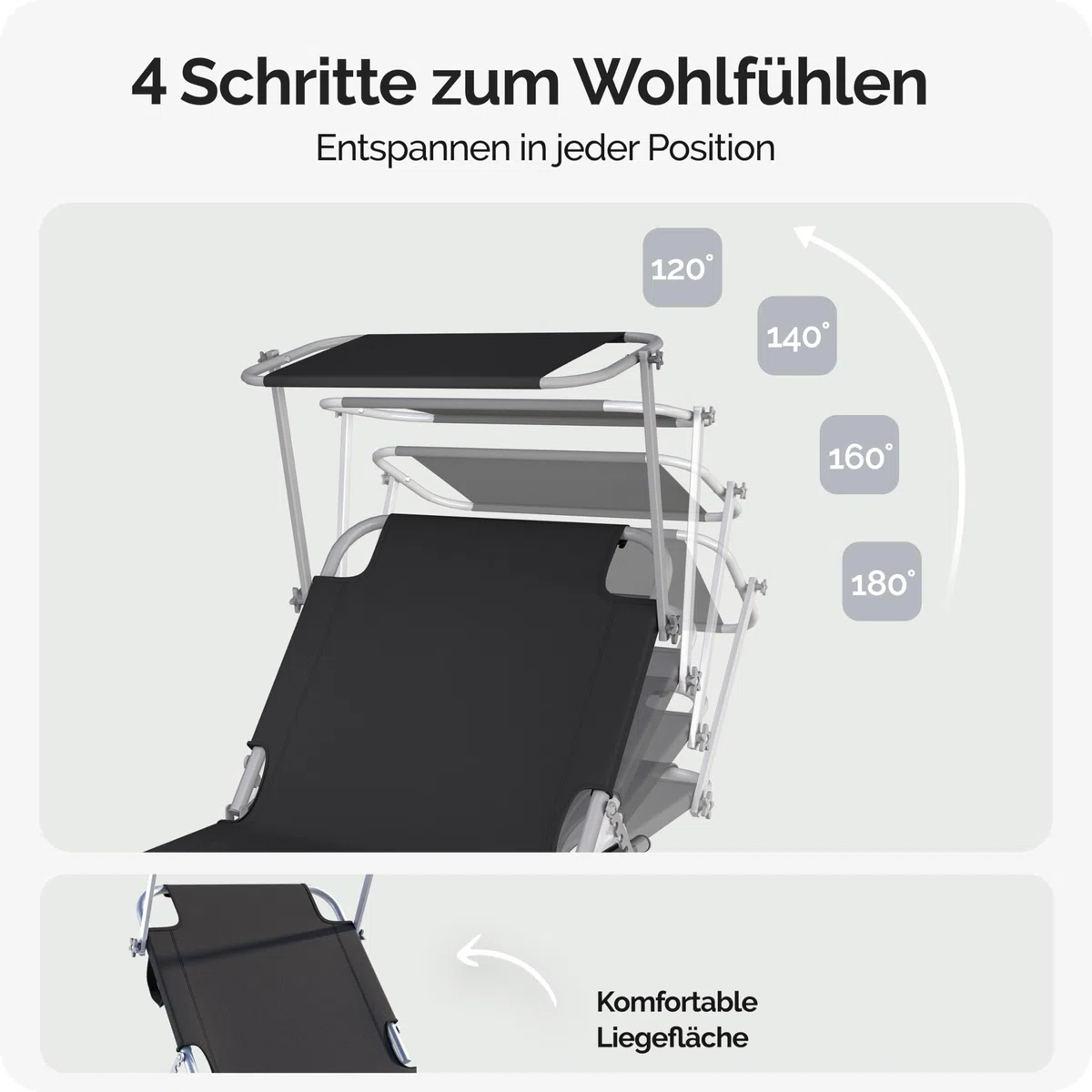 Casaria Sonnenliege klappbar mit Sonnendach wetterfest Grau | Aluminium, 190x60 cm, 130 kg Belastbar, tragbar, Garten, Pool, belastbar, Liegestuhl, Klappliege
