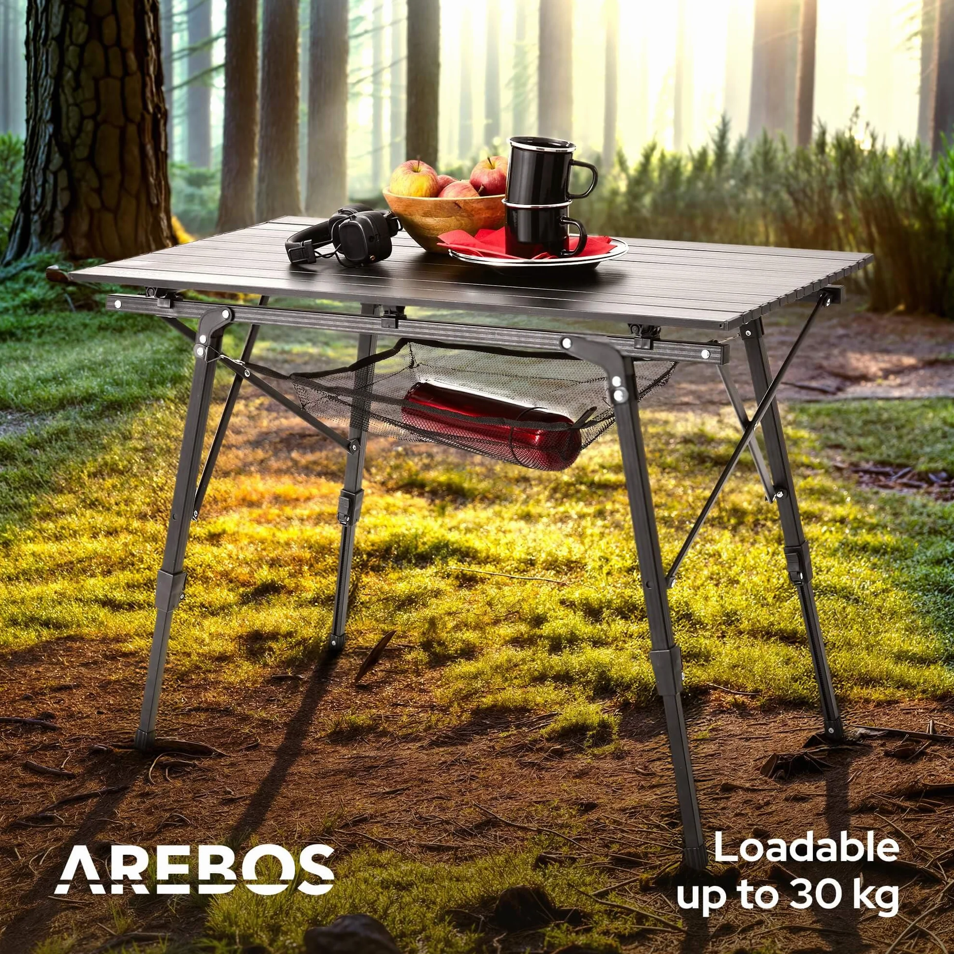 Arebos Campingtisch faltbar 90 x 51,5 cm | Klapptisch höhenverstellbar 47-69 cm | Camping Zubehör, Garten, Grill, Picknick | Camping Tisch klappbarer Falttisch | Reisetisch inkl. Tragetasche | Schwarz