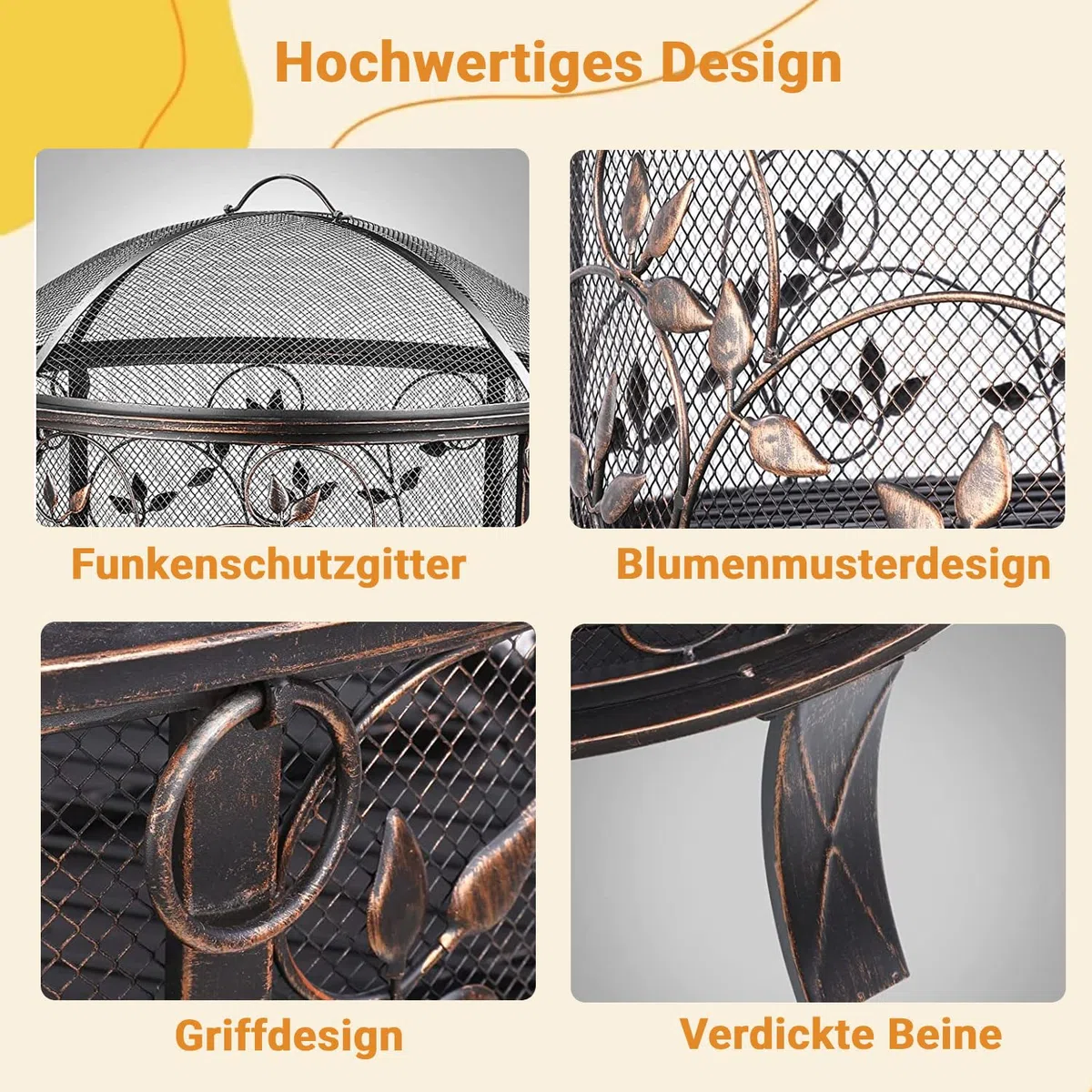 TLGREEN Feuerschalen, Feuerschale mit Funkenschutz, Feuerkorb Ø71x65cm | Feuerkorb Retro-Look mit Poker & Kohlerost & 4PCS Füße, Feuerstelle für Garten, Camping, Strand, Exquisites Blumen Grasmuster