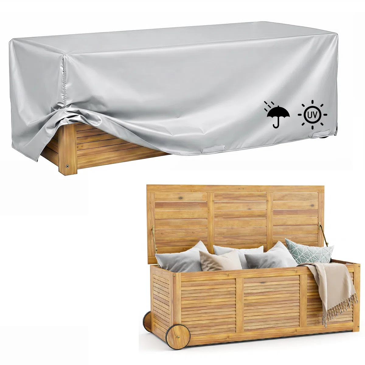GIANTEX Gartenbox Holz Auflagenbox Gartentruhe Kissenbox Holzbox Garten | Wetterfest mit Abdeck- & Innenplane, Mobil mit Rollen & Griff, Aufbewahrungsbox Garten, Holztruhe Outdoor, für Gartenauflagen