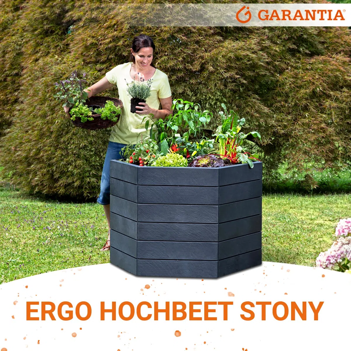 Garantia Ergo Hochbeet Stony L 75 ergonomisches Hochbeet Kunststoff | sechseckig anthrazit für Garten Gemüsebeet Kräuterbeet Pflanzenbeet dekorative Steinoptik wetterfest modular steckbar