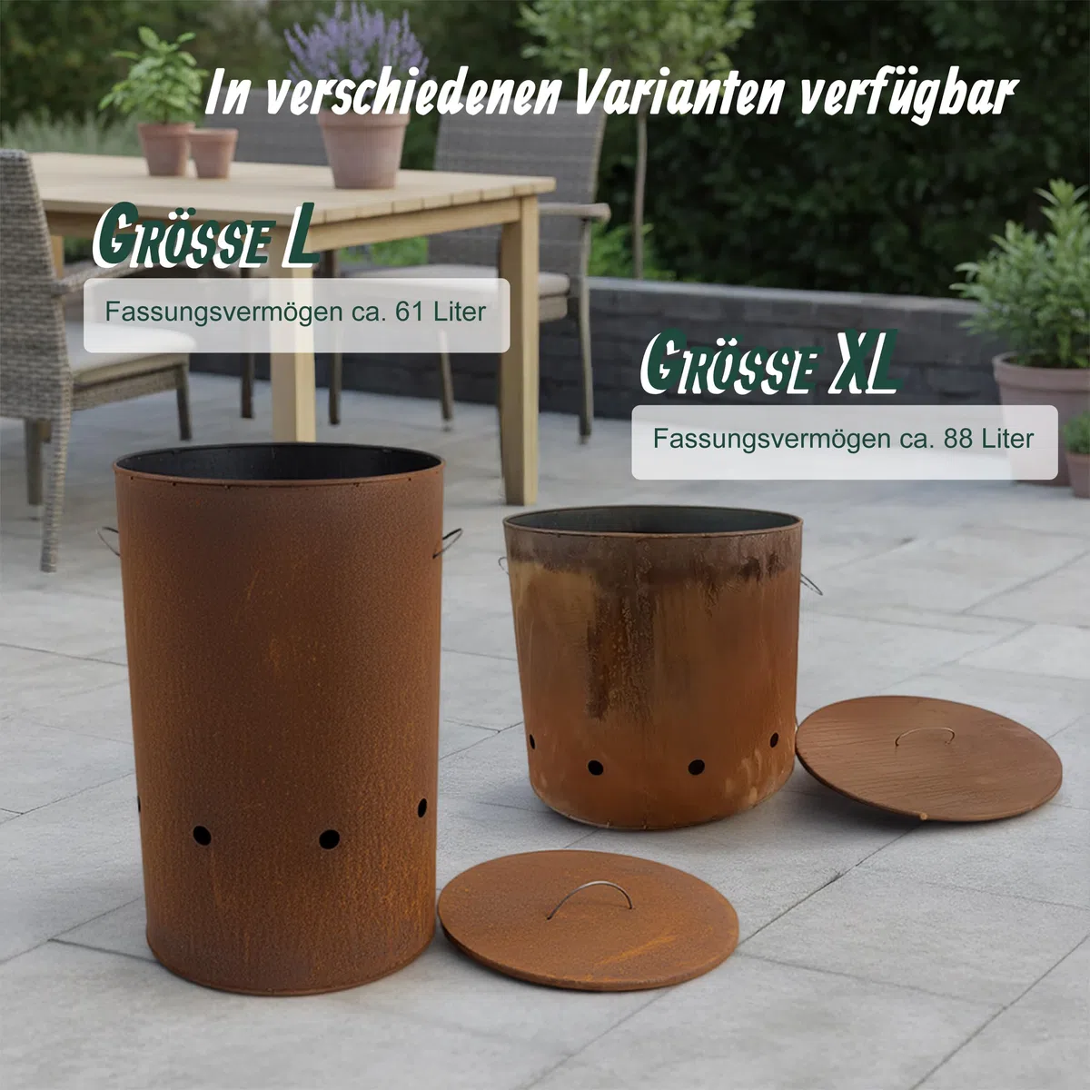 Relaxdays Feuertonne, Cortenstahl, Rostoptik, HxD: 45 x 49,5 cm, Industrial Feuerschale mit Deckel, Garten, rotbraun