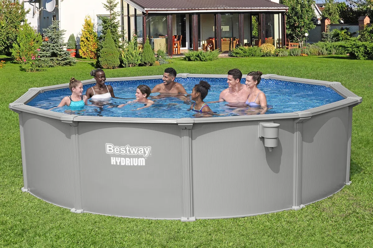 Bestway Hydrium Stahlwandpool Komplett-Set rund 457 x 122 cm Granitgrau Gartenpool Aufstellpool mit Sandfilteranlage