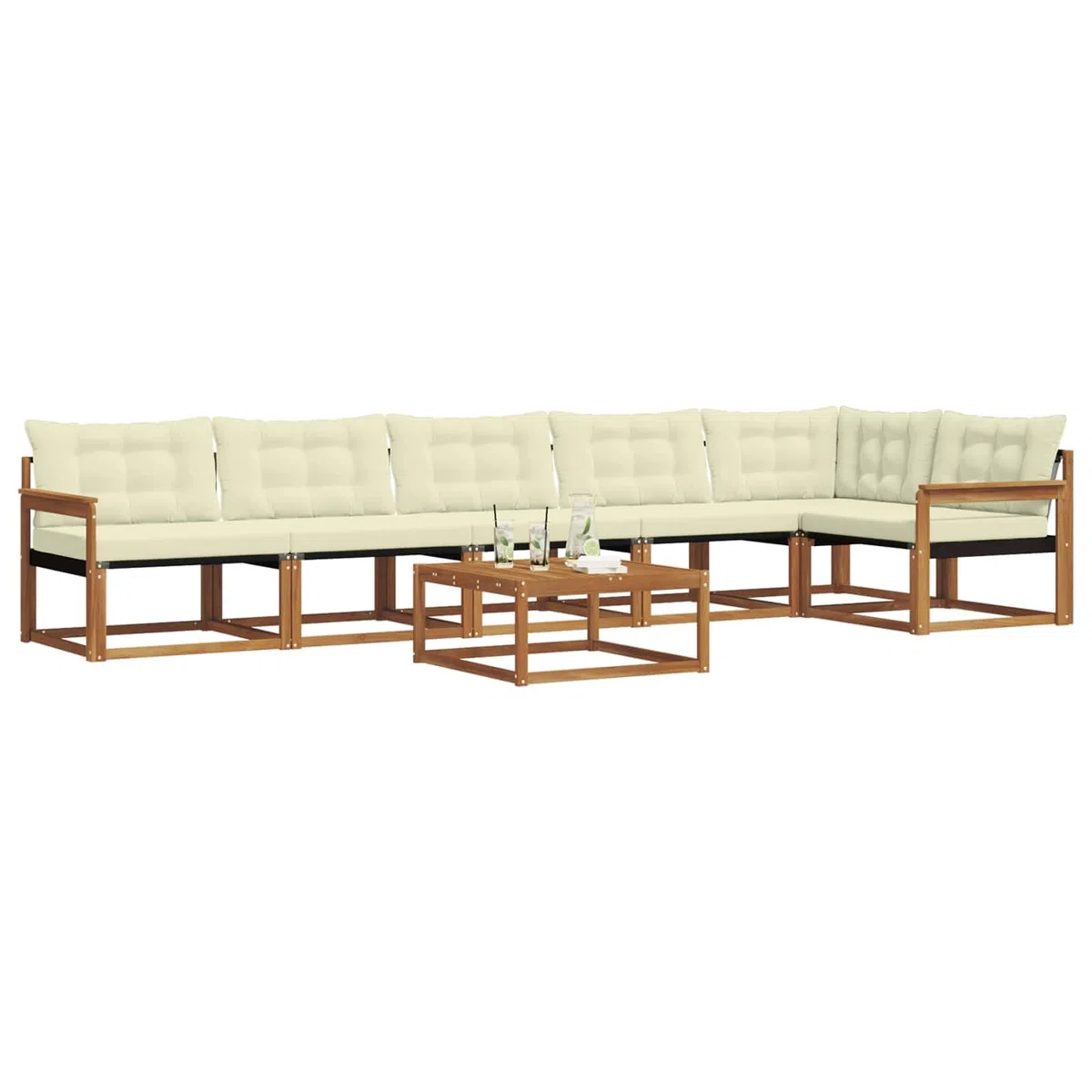 Gartenmöbelgarnitur mit 7 Teilen aus massivem Akazienholz Natur und Creme, wetterfestes Outdoor-Set mit Tisch, Sofas, Kissen für Terrasse, Balkon, Garten