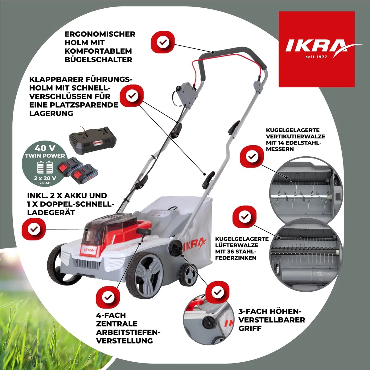 IKRA Akku Vertikutierer Rasenlüfter 3in1 IAVL 2-2032, Arbeitsbreite 32cm | Inkl. 2x Akku 20V 2,0Ah & Schnelllader, Fangkorb 30l, +3 bis -9mm, werkzeugloser Walzenwechsel, 20V-Akku-Familie von IKRA