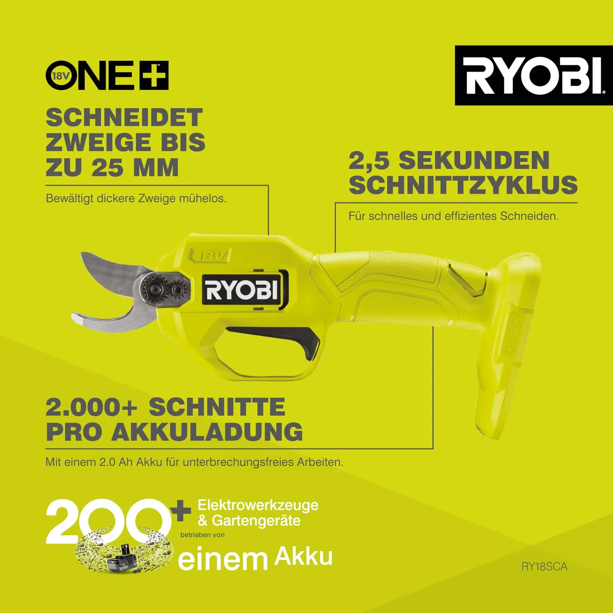 RYOBI 18 V ONE+ Akku-Gartenschere RY18SCA-0 (25 mm Schnittkapazität, 2,5 Sekunden für einen Schnittvorgang, SK5-Stahlklingen, ohne Akku und Ladegerät)