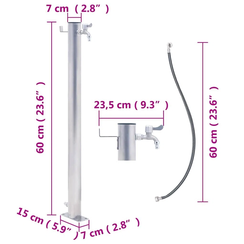 Wassersäule für Garten aus Edelstahl 60 cm mit Wasserhahn, Schlauch und Haken für Bewässerungssystem, Sprenger, Sprinkler, Rasen und automatische Pflanzenversorgung am Balkon und Beet