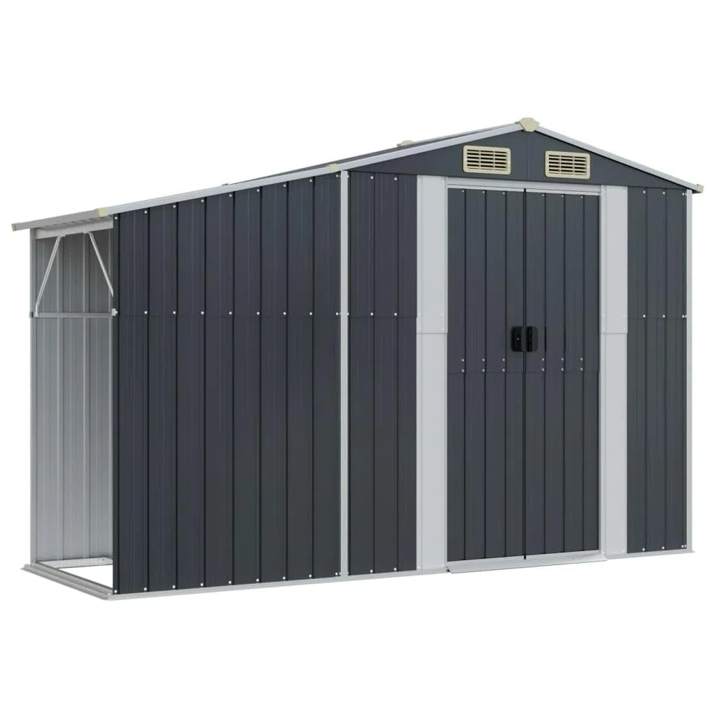 Gerätehaus Anthrazit 277x93x179 cm aus verzinktem Stahl - Metallschuppen mit Brennholzregal und Schrägdach - Multifunktionaler Gartenschuppen für Gartengeräte und Kaminholz