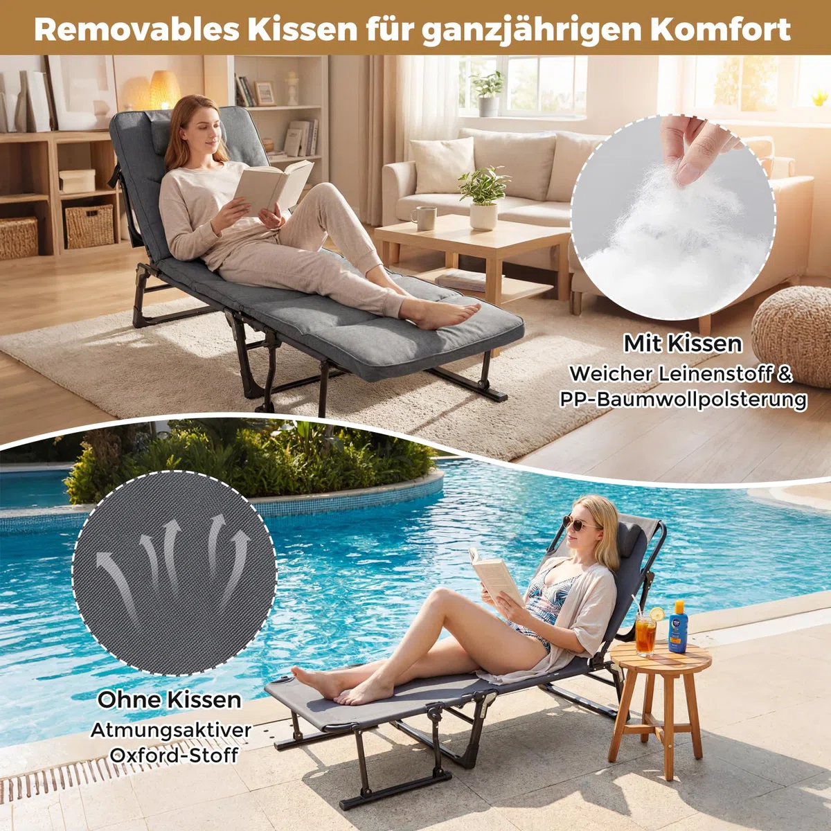 COSTWAY Sonnenliege klappbar, 3 in 1 Gartenliege mit Auflage, Kopfstütze, Verstellbarer Rückenlehne, Liegestuhl bis 200 kg belastbar, Campingliege, Klappbett für Garten, Camping, Büro