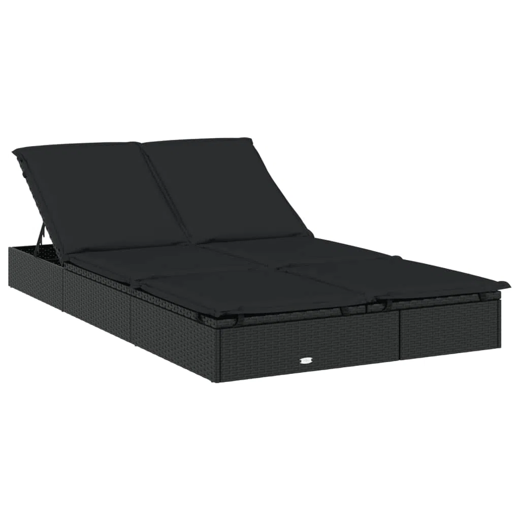 Sonnenliege für 2 Personen mit rundem Dach Schwarz 211x112x140 cm aus PE-Rattan pulverbeschichtetem Stahl verstellbar mit Polstern für Terrasse Balkon Pool Camping Relaxen