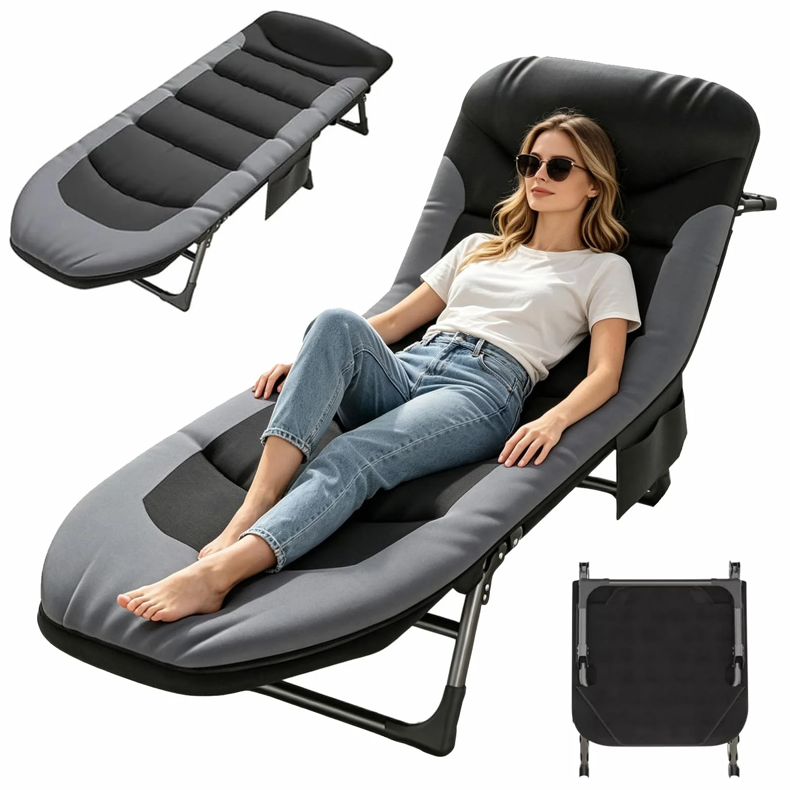 Sonnenliege Klappbar Liegestuhl, 6-Fach Verstellbar Klappbare Gartenliege Campingliege mit Seitentasche, Feldbett Campingbett mit Matratze, Outdoor Liege für Balkon Garten Camping (Schwarz)