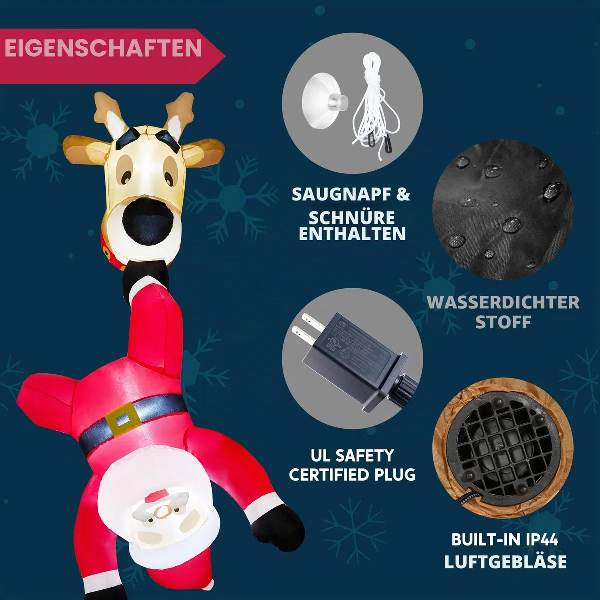 JOIEDOMI Aufblasbarer Weihnachtsmann mit Rentier, 1,8 m hoch, aufblasbar mit eingebauter LED für Fensterdekoration, Weihnachtsfeier, Outdoor, Innenhof, Garten, Dekoration