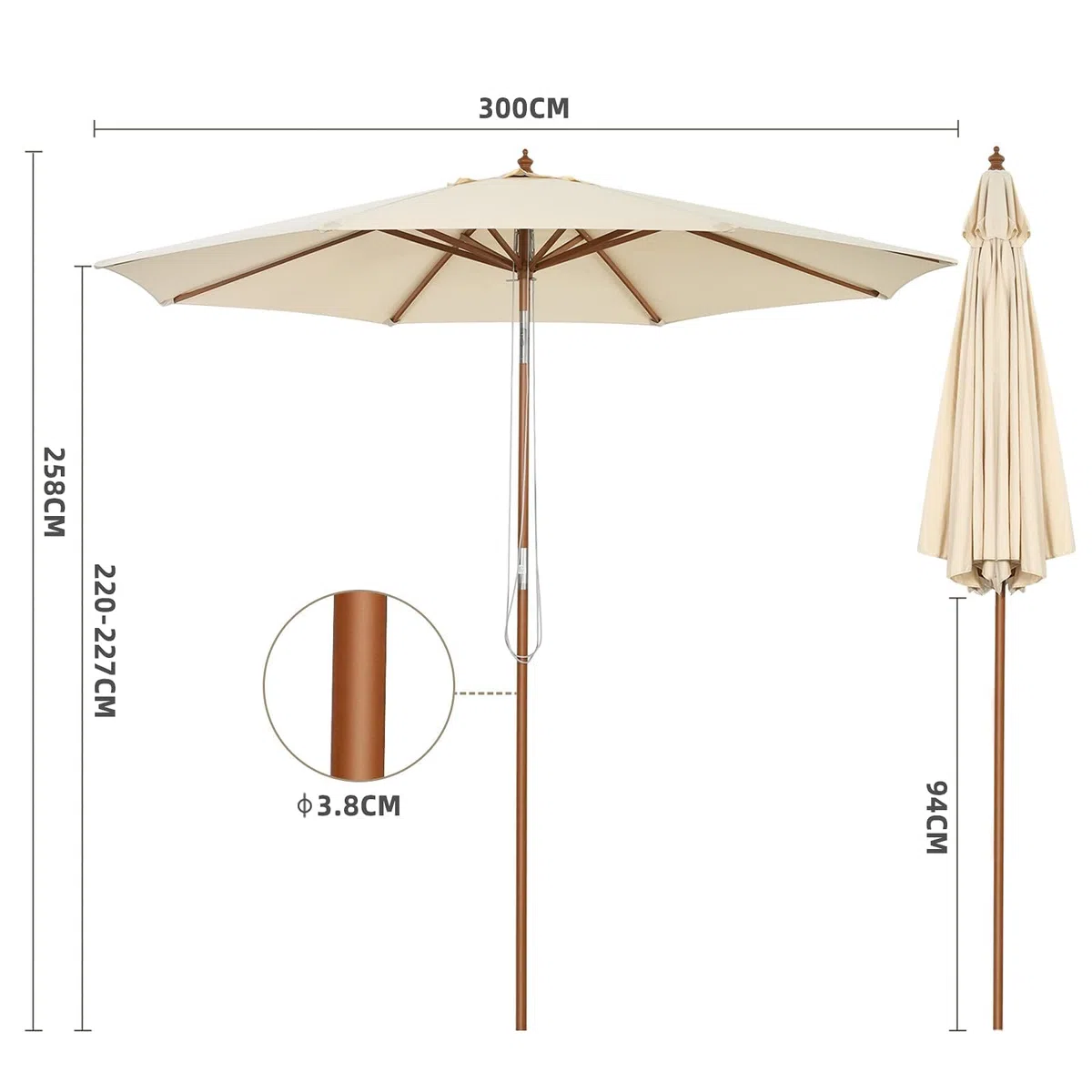 GOPLUS Sonnenschirm Holz, Gartenschirm 260cm UV-Schutz, Marktschirm mit 3-stüfig höhenverstellbar, Balkonschirm, Terrassenschirm tragbar leicht, Tischschirm für Garten, Strand, Terrasse & Pool, Beige