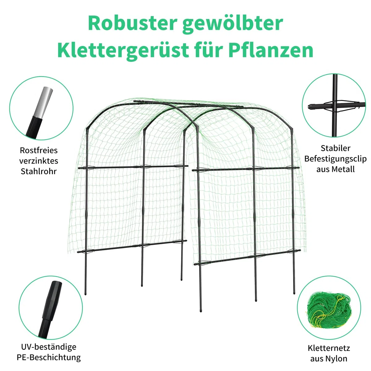 SUNYRISY Große Gurken Rankhilfe, Gartenbogen für Kletterpflanzen Rankhilfen, 220cm Hoher PE Beschichtete Metall Rankgitter mit Ranknetz, Rankbogen Rankgitter für Gurke, Blumen, Erbsen