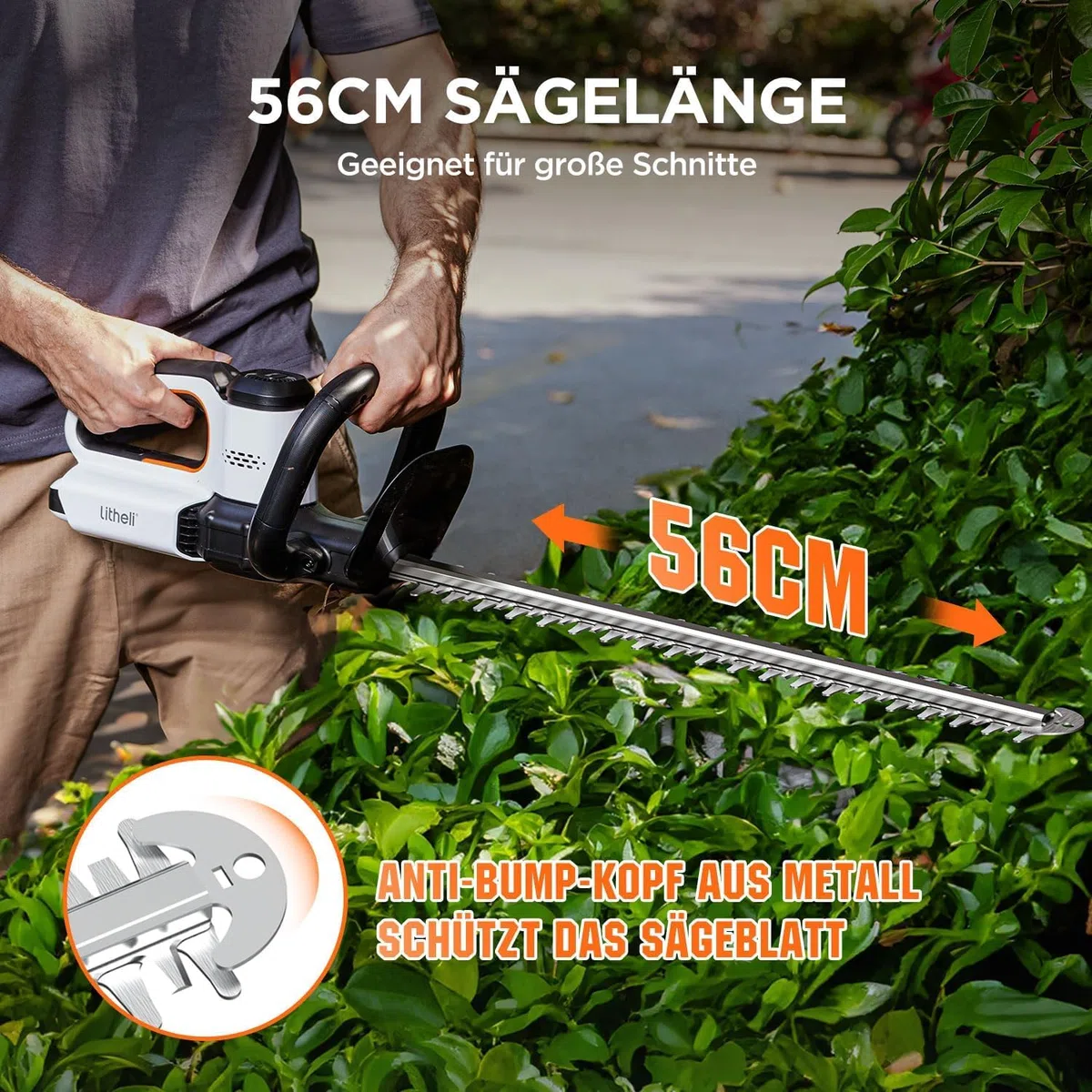 Litheli Heckenschere Akku, mit einem 2,0 Ah Akku, 51 cm Schnittlänge, Anschlagschutz, ergonomischer Griff, für Sträucherschneiden Gartenpflege, Hedge Trimmer