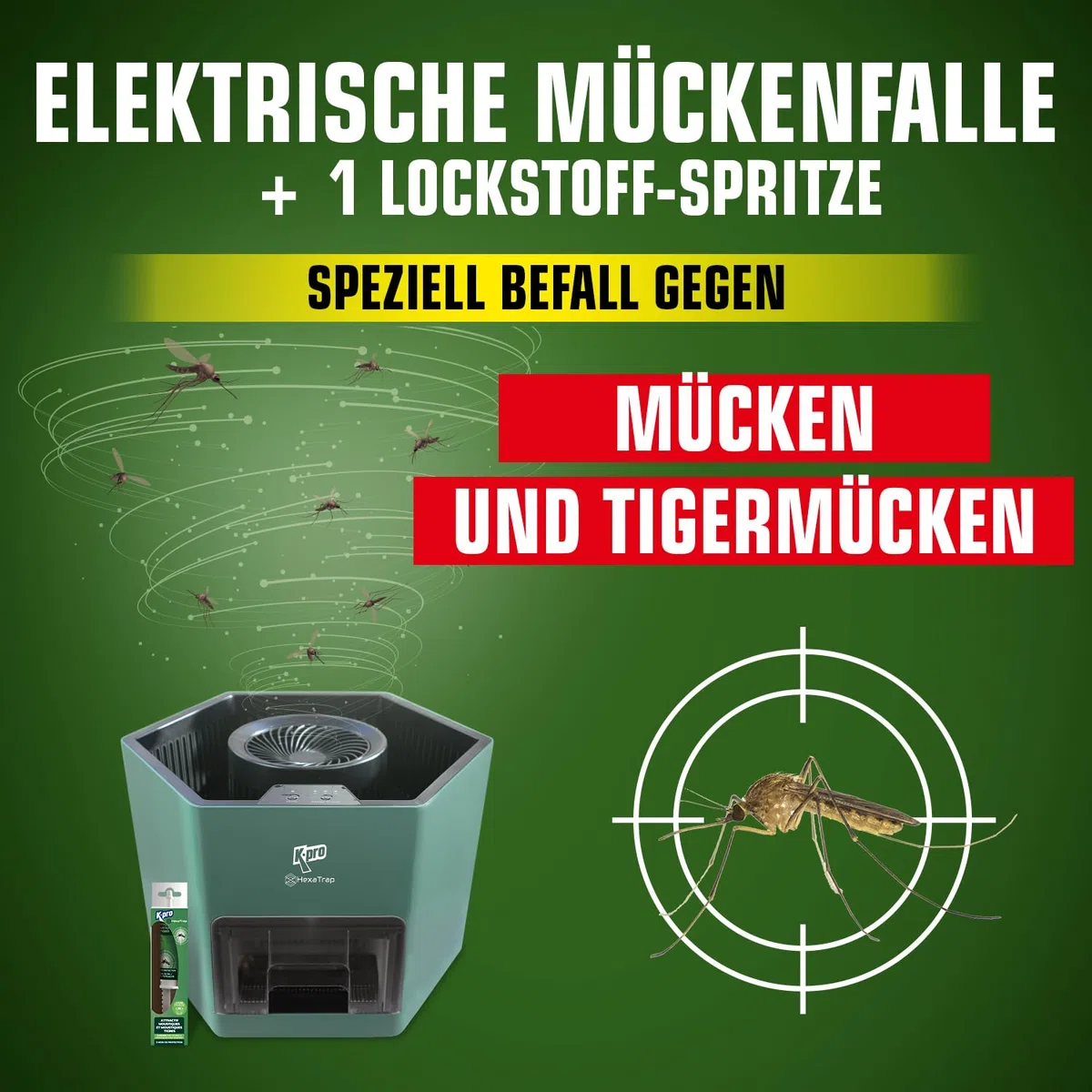 K.PRO Elektrische Mückenfalle + 1 Lockstoff-Spritze | Mücken und Tigermücken, lockt und fängt ein, Hexatrap, 3 Monate Ruhe, Verwendung im Freien, leise und geruchlos