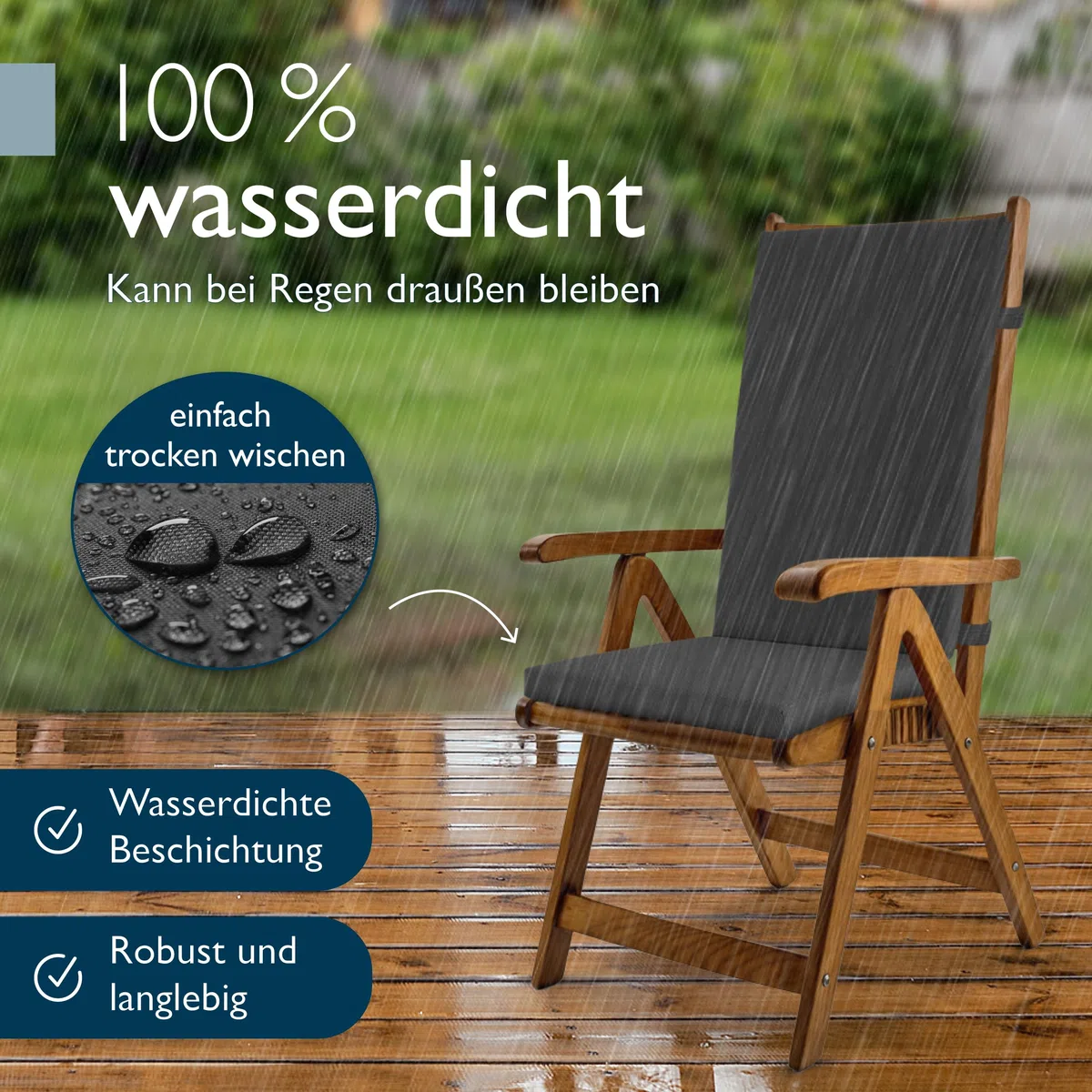 Beautissu 4er Set Premium Hochlehner Auflage 100% Wasserdicht Pflegeleicht | 120x50cm Anthrazit UV-beständig Bequem Waschbar Sitzkissen Gartenstuhl Polsterauflage Gartenmöbel Stuhlauflage Quick Dry