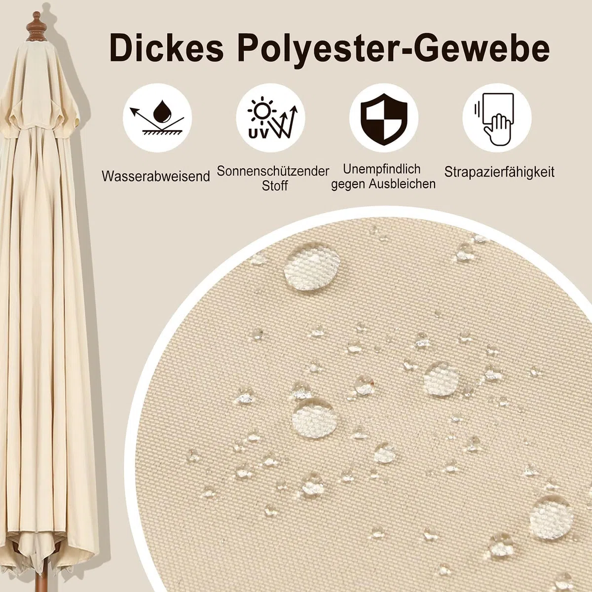 GOPLUS Sonnenschirm Holz, Gartenschirm 260cm UV-Schutz, Marktschirm mit 3-stüfig höhenverstellbar, Balkonschirm, Terrassenschirm tragbar leicht, Tischschirm für Garten, Strand, Terrasse & Pool, Beige