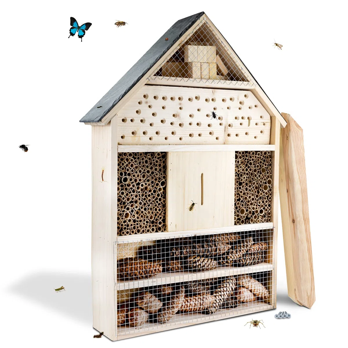 GARTENETAGE Insektenhotel XXL mit Schieferdach/Naturbelassenes, massives Insektenhaus & Bienenhotel/Insektenhotel zum Aufstellen mit Pfählen, witterungsbeständig/Marienkäferhaus, Schmetterlingshaus
