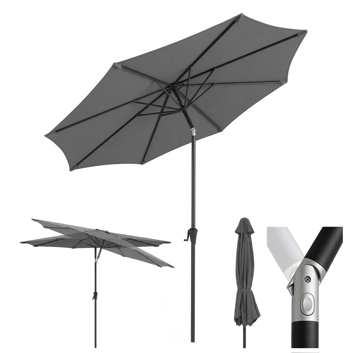 Sekey Sonnenschirm 300 cm mit Kurbel, Gartenschirm wasserabweisend, Balkonschirm UV-Schutz bis UPF 50+, Terrassenschirm neigbar & 8 Streben für Garten, Balkon & Terrasse, Grau