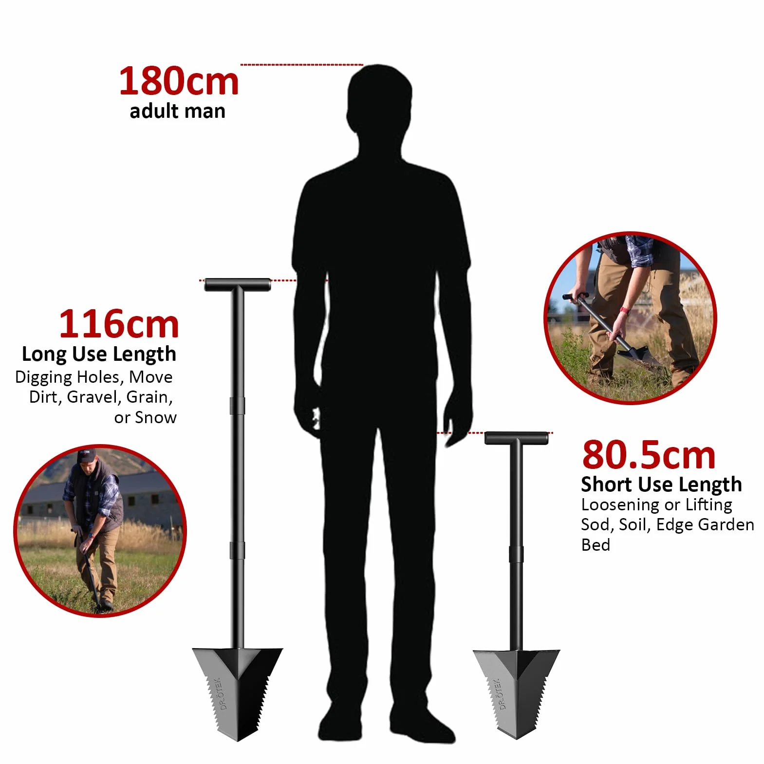 DR.ÖTEK Spaten Schaufel zum Graben, Heavy Duty Garten Schaufel T Handle, Wurzelschneider mit Langen kurzen Griff, Gartengeräte für die Metalldetektion, Transplantation, Camping, 80 & 116 cm