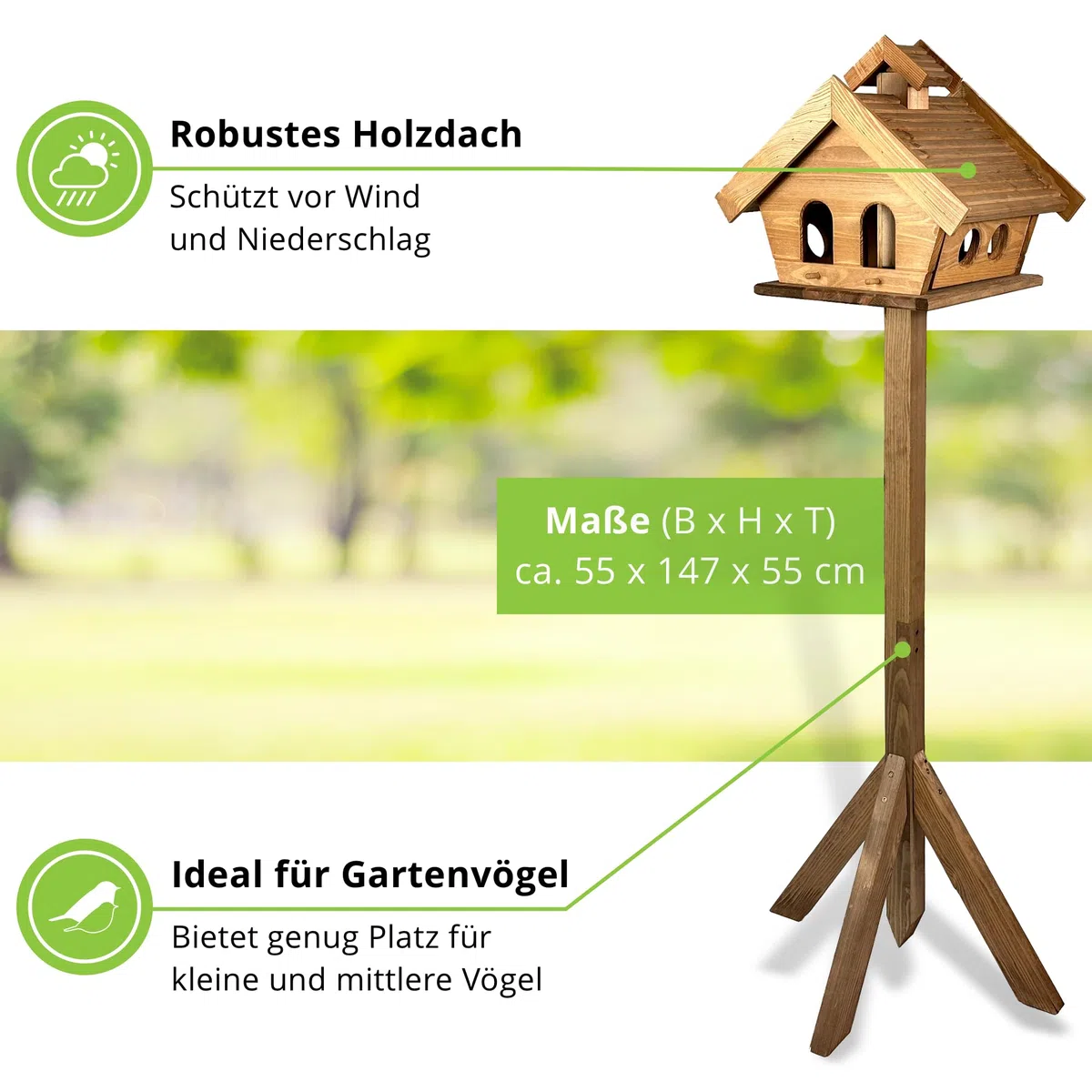 gartenetage GARTENETAGE Vogelhaus Holz mit 2in1 Ständer/Vogelhaus mit Ständer wetterfest und stabil/Vogelfutterhaus mit Ständer/Robustes Vogelhäuschen für Balkon und Garten, GE10307