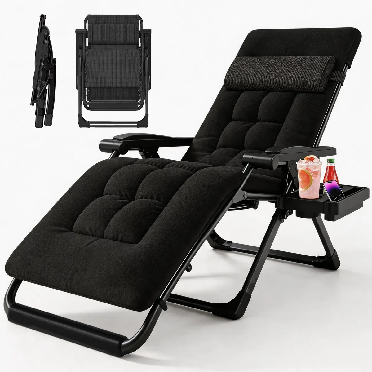 Liegestuhl klappbar, Deckchair,Gartenliege wetterfest,Outdoor Relaxsessel mit Liegefunktion,Verstellbare Rückenlehne, Nackenkissen,200 kg,Sonnenliege klappbar für Balkon,Strand,Pool (Schwarz,72 cm)