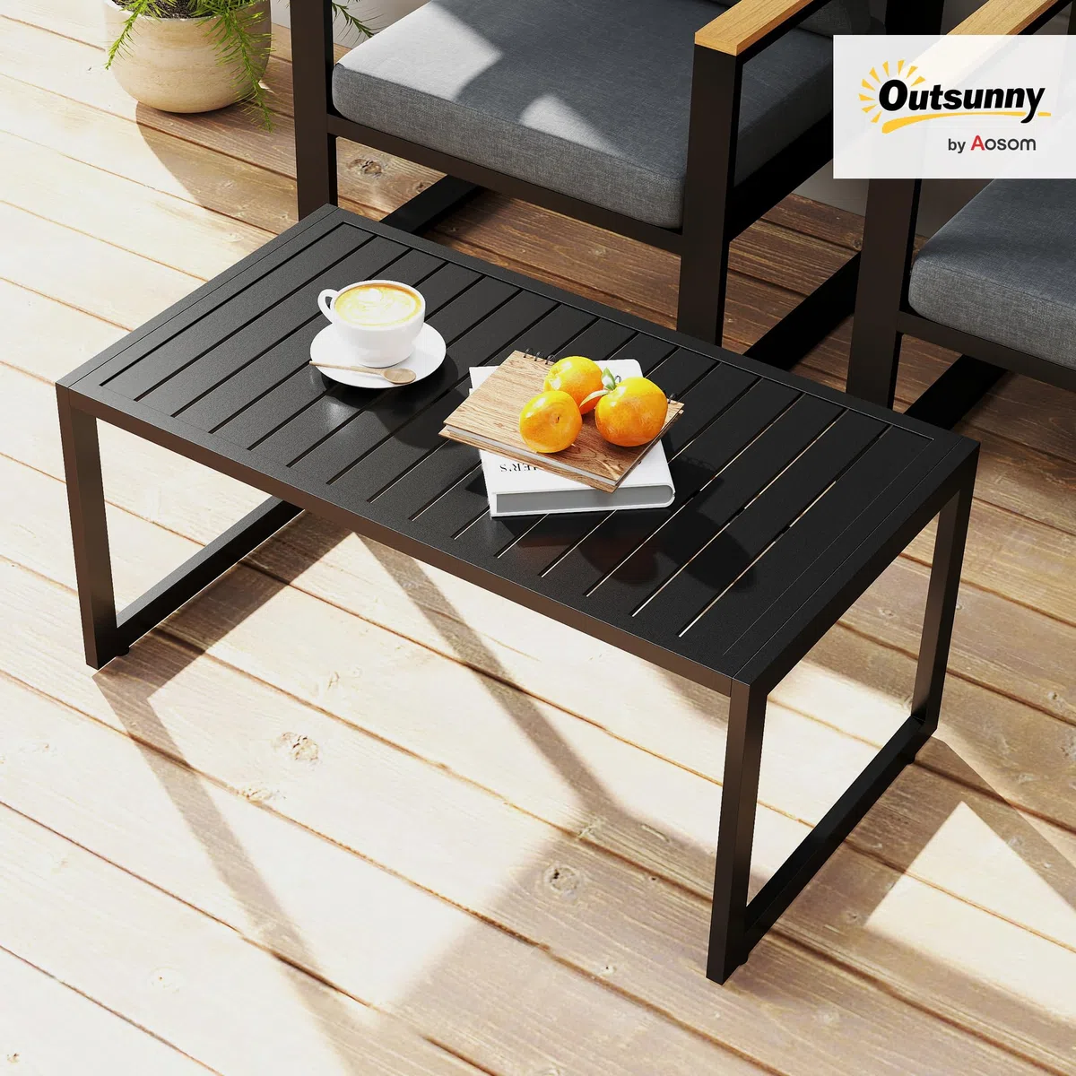 Outsunny Beistelltisch Loungetisch Outdoor 90 x 50 x 42 cm Schwarz | Lamellendesign, Wetterfest, Aluminium, Pflegeleicht, Balkontisch, Kaffeetisch, Gartentisch, Für Balkon Garten Terrasse