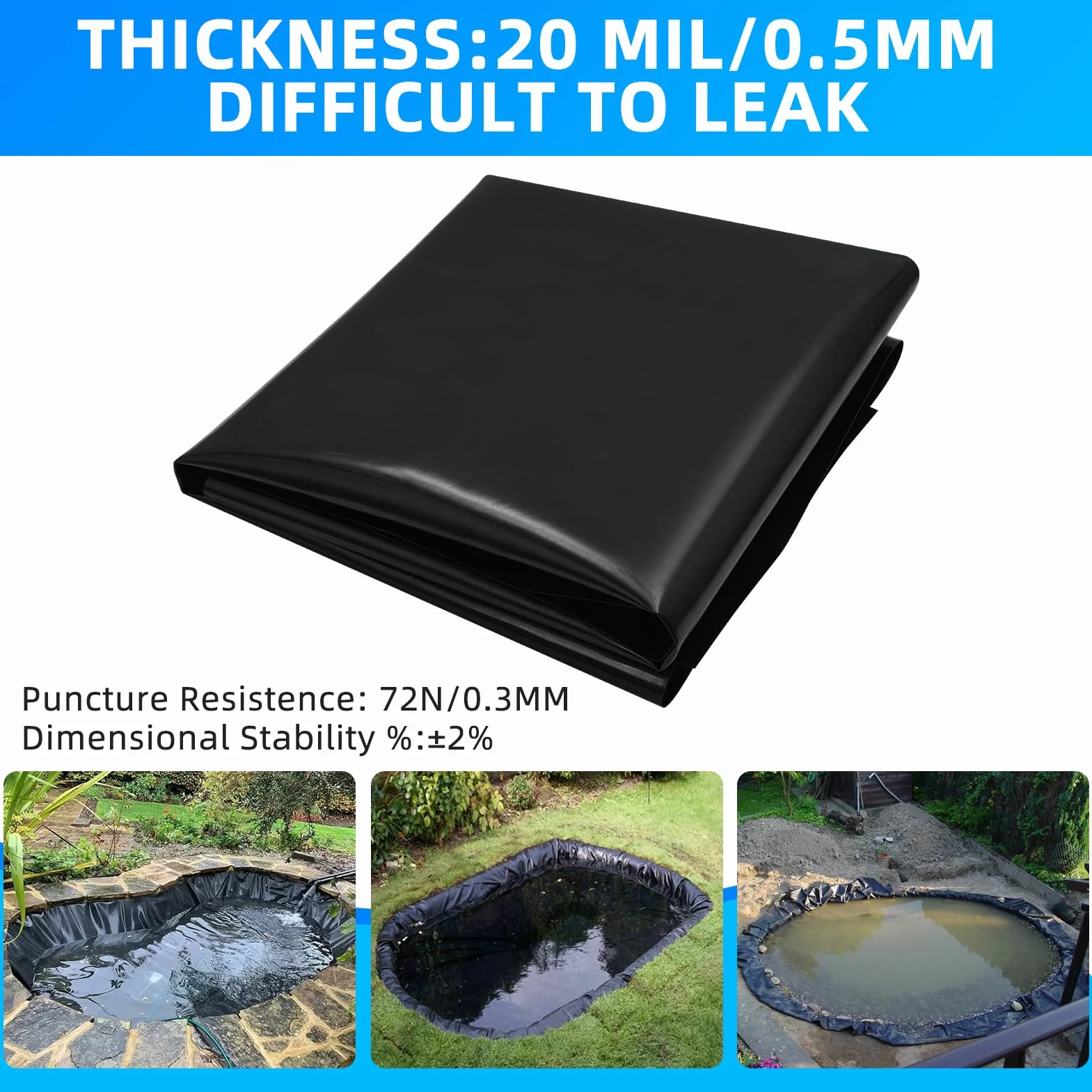 Premium PVC Teichfolie 6M X 8M, Schwarz HDPE Teichfolien Schwerlast, Dichtungsfolie Teichmembran Schwimmteich Folie Gartenteich Teichplane für Fischteiche, Brunnen, Wassergarten, Wasserfall