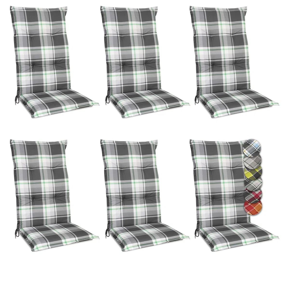 Beautissu 6er Set Hochlehner Auflagen für Gartenstühle rutschfest Mintgrün | 120x50cm Kariert 6cm Dicke Polsterauflage bequem Stuhlkissen Sitzauflage Polster UV-Lichtecht Gartenstuhlauflagen Sunny MK