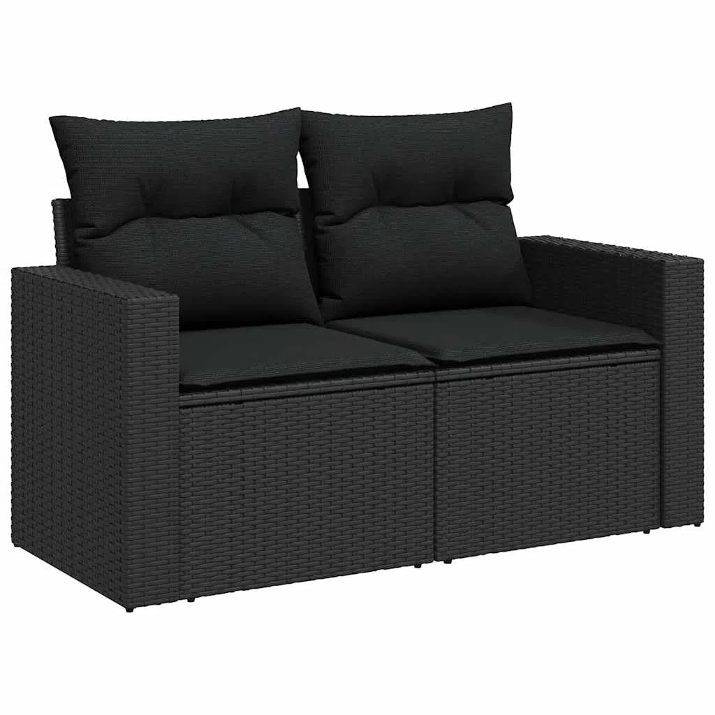 11-TLG Garten-Sofagarnitur Schwarz mit Kissen Poly Rattan, wetterfestes Lounge Möbel Set für Terrasse Balkon und Wintergarten, inklusive Tisch, Stuhl, Regal, Stauraum