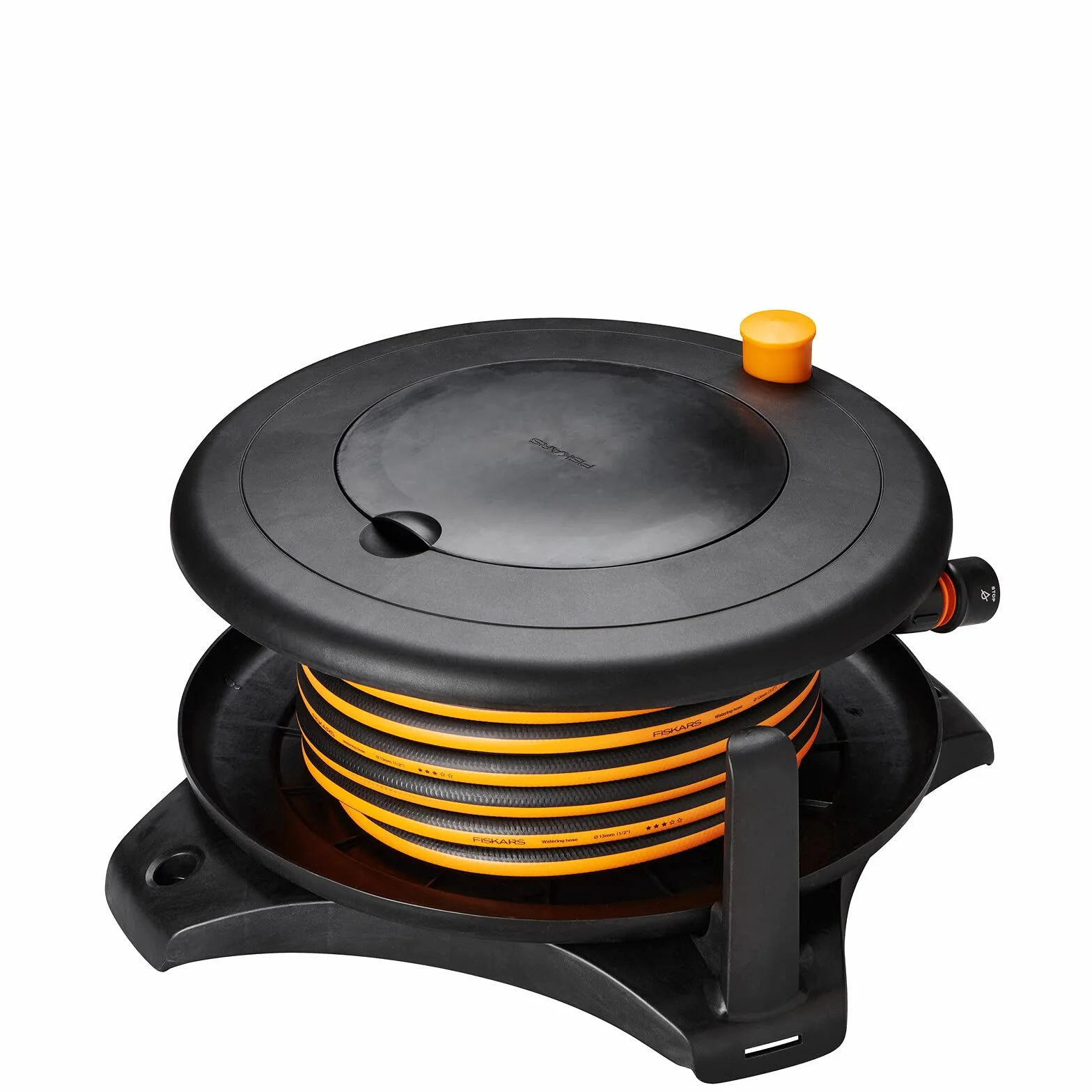 Fiskars Waterwheel L, Bewässerungs-Set, Gartenschlauch in Universalgröße (Ø 13 mm), Universal-Schlauchanschluss (Ø 13-15 mm), Universal-Hahnverbinder, Schlauchdüse, Schwarz/Orange/Blau, L
