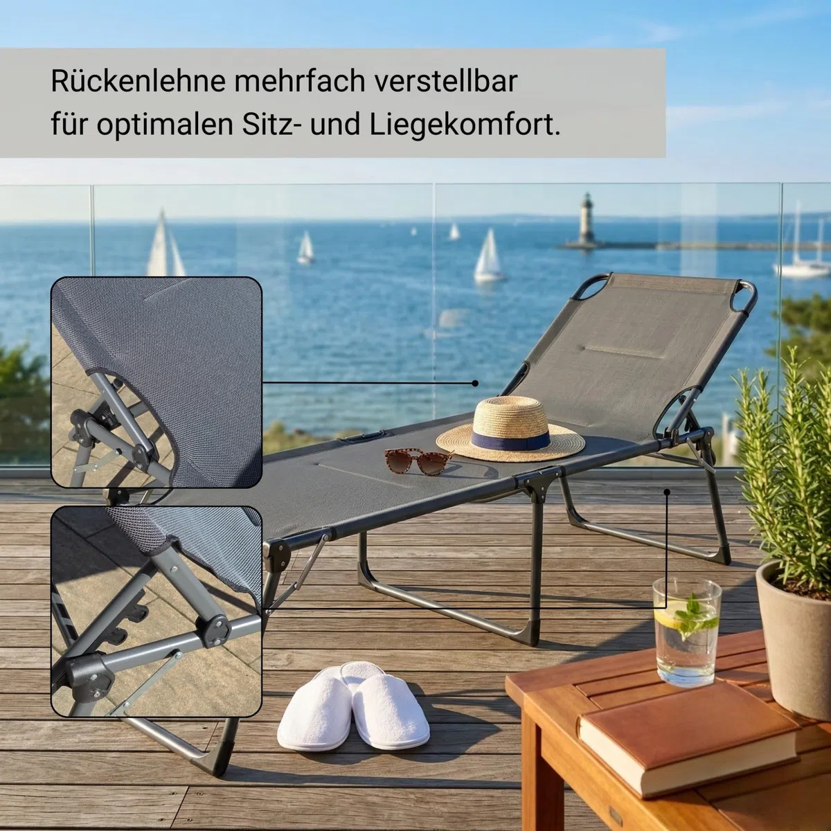 hausratplus Sonnenliege XXL Dreibeinliege Soft Touch 3D gepolstert | Abmessungen: 215 x 70 x 50/90 cm (L x B x H) 130 kg Tragkraft | 4-Fach verstellbares Kopfteil | zusammenklappbar anthrazit/grau