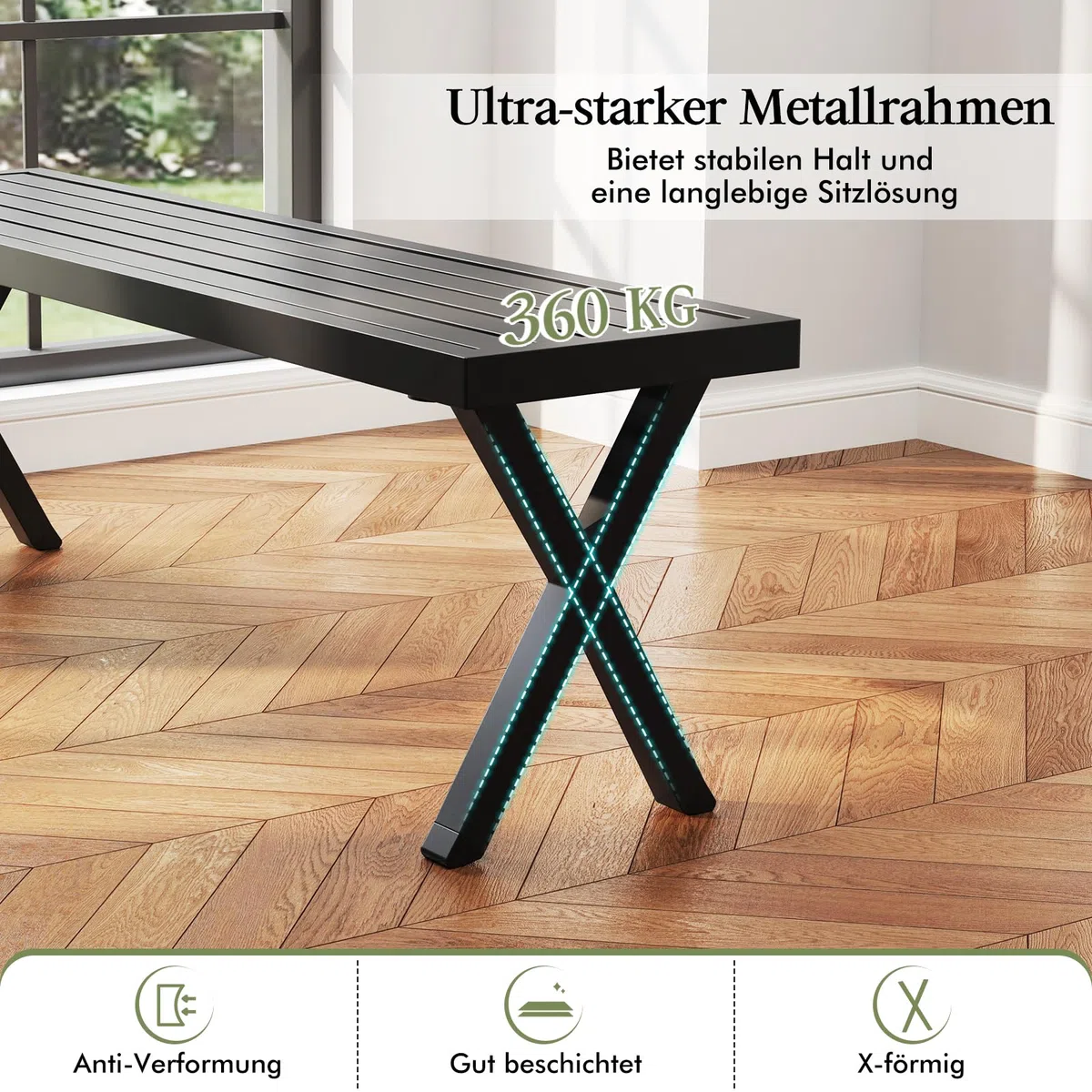 COSTWAY Gartenbank Metall wetterfest, 3-Sitzer Sitzbank ohne Rückenlehne, Balkonbank, Parkbank, Metallbank bis 360 kg belastbar, Terrassenbank für Garten, Balkon, Terrasse, 138 x 36 x 46 cm
