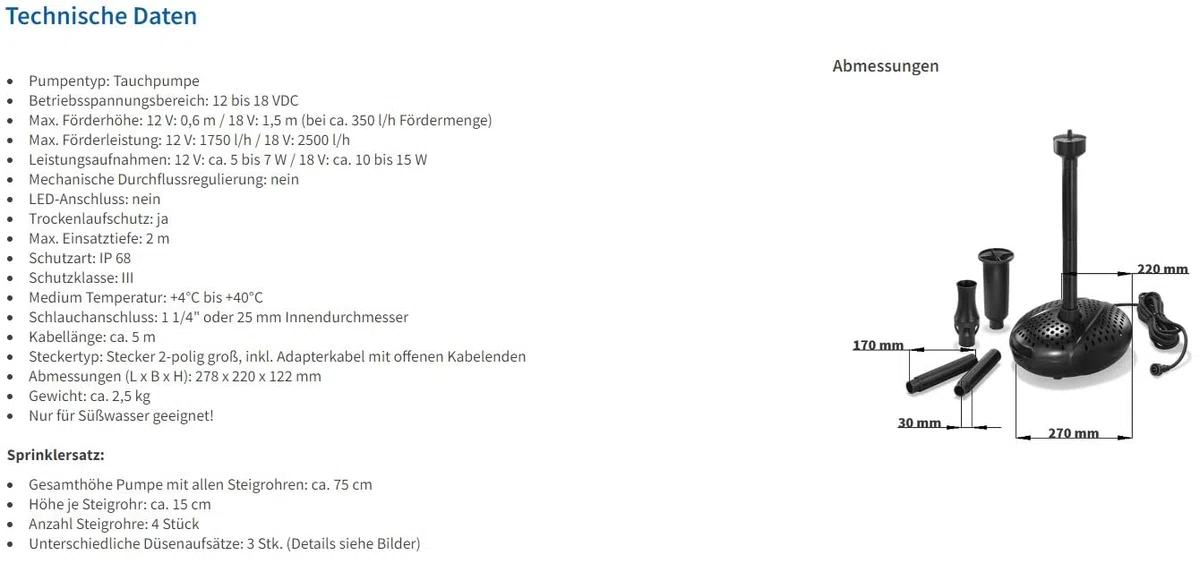 esotec Teichpumpe mit Sprinklerset, Springbrunnenpumpe, Wasserspiel Pumpe, Solarbrunnen Pumpe 2500 l/h 12-18 VDC IP68 außen 101997