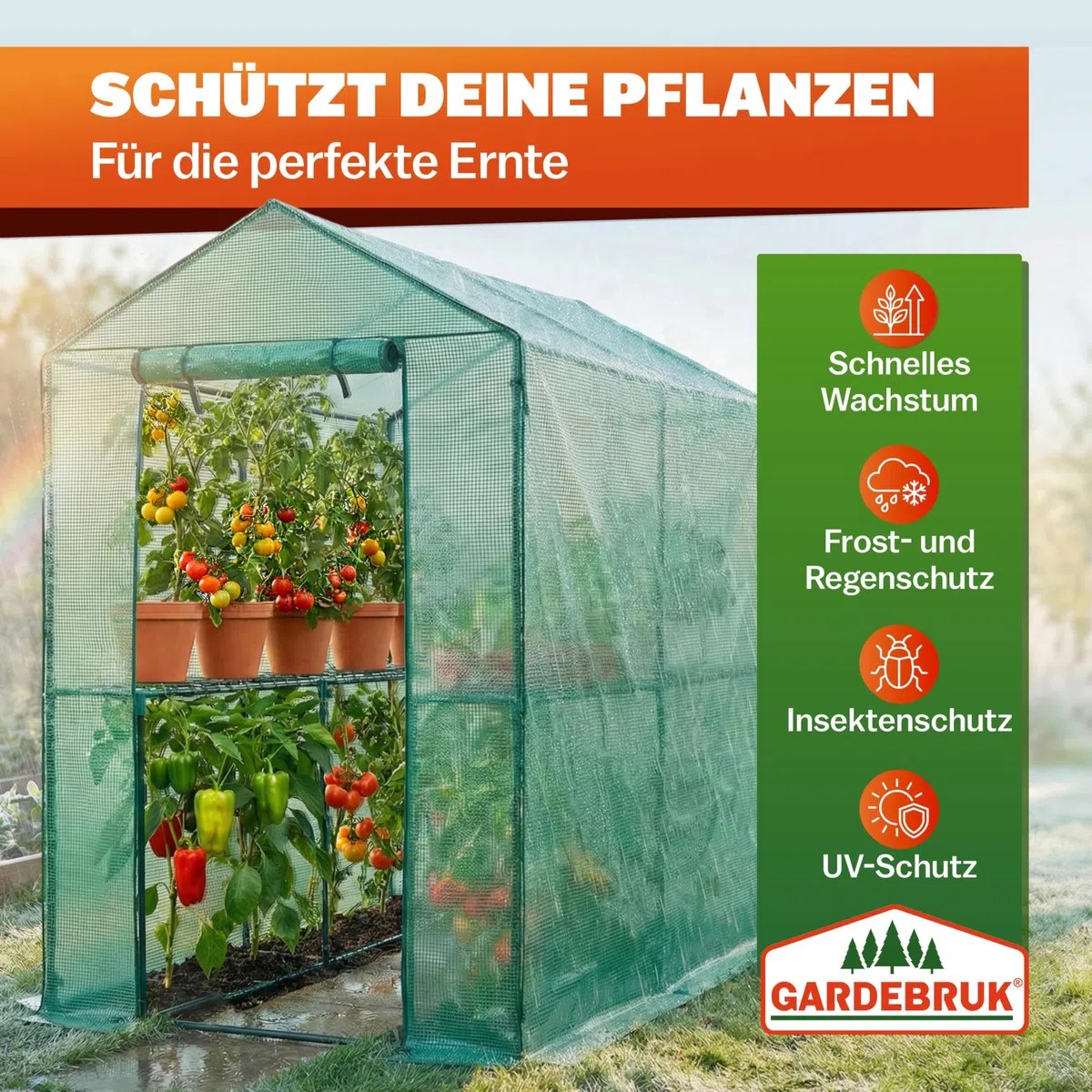 Gardebruk® Gewächshaus 190x186x120 cm Tomatengewächshaus Begehbar mit 4 Ablagen Foliengewächshaus Treibhaus mit Aufrollbarer Tür für Garten & Balkon Stabil, UV-beständig, Grün