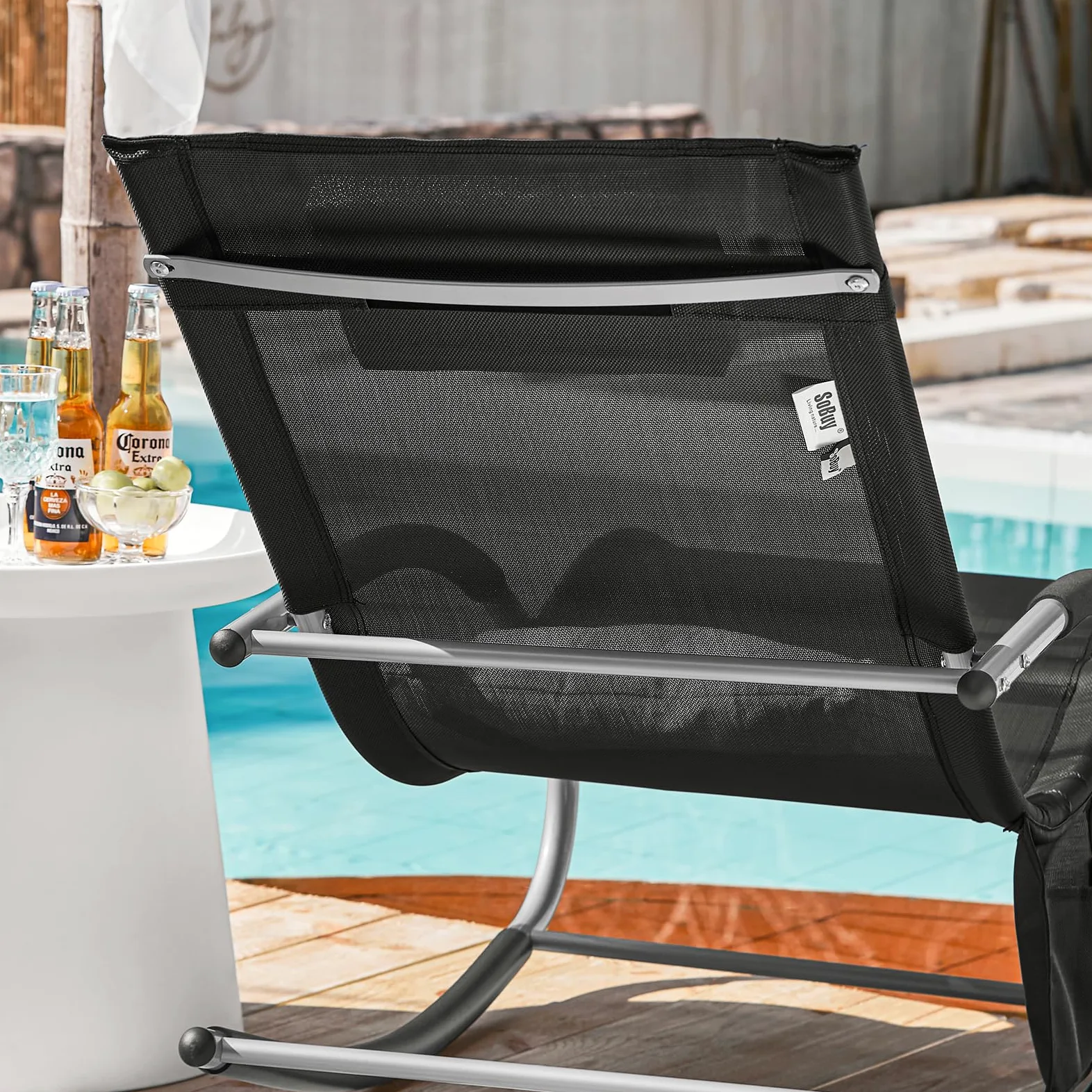 SoBuy 2er-Set Gartenliegen mit Kopfkissen 150x87x63cm Belastbar bis 150kg | 2er-Set Sonnenliegen mit Seitentasche, Stabilem Metallgestell, Outdoor Liegestuhl Atmungsaktivem Bezug, Schwarz OGS28-SCHx2