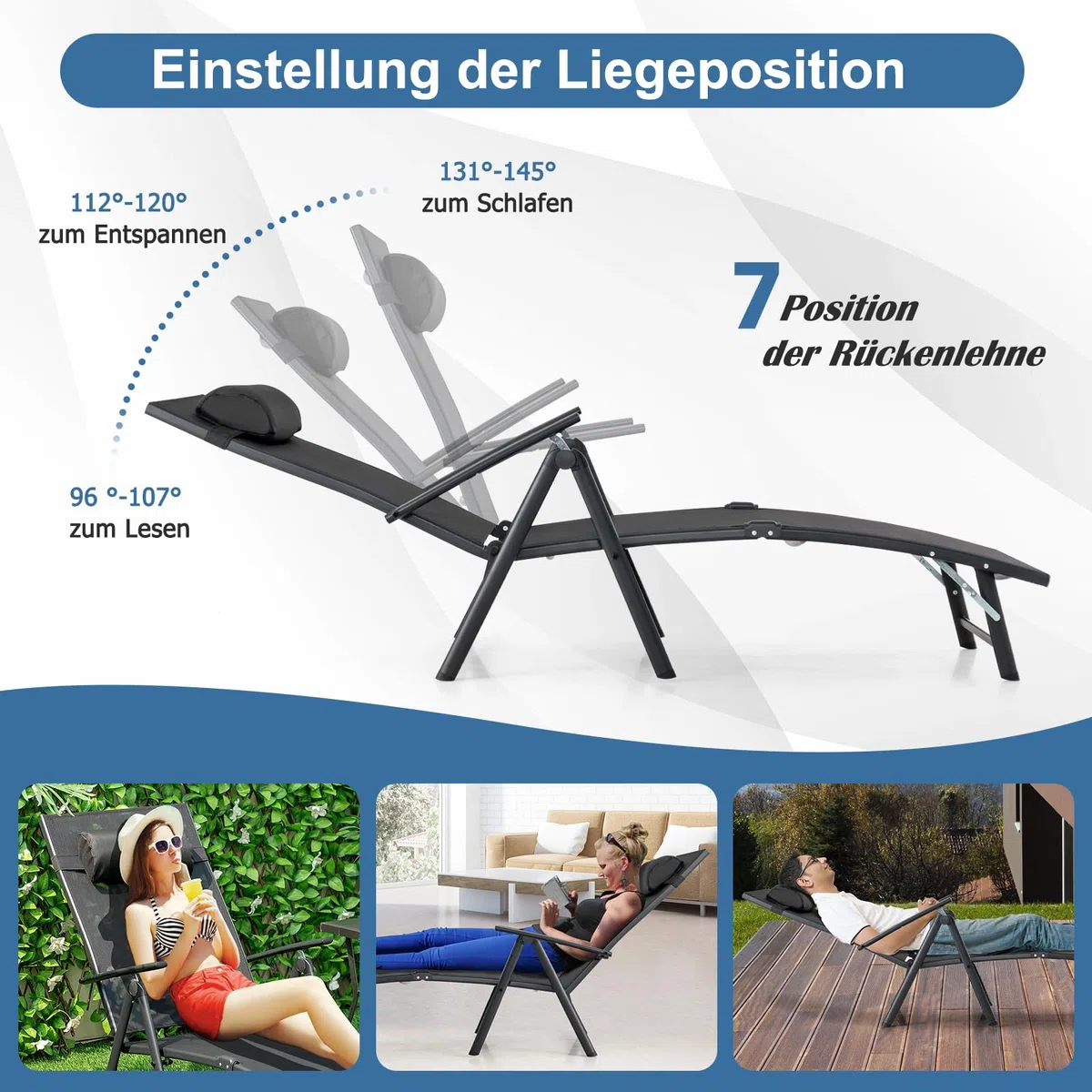 COSTWAY Sonnenliege klappbar, Gartenliege mit Kopfstütze, Armlehnen und 7 verstellbaren Rückenlehnen, Klappliege bis 150 kg belastbar, tragbarer Liegestuhl für Garten, Terrasse, Balkon, Schwarz