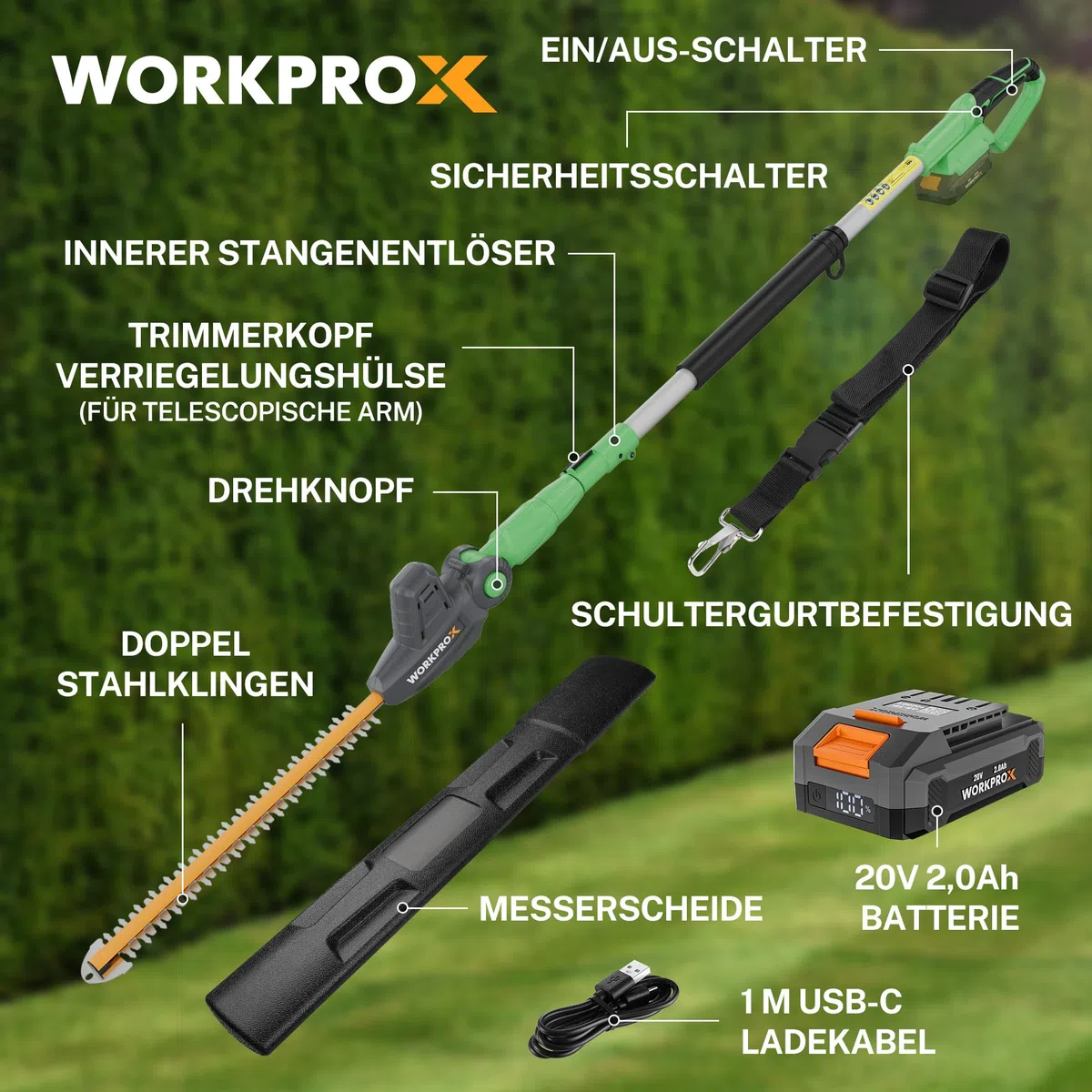 WORKPROX Akku Teleskop-Heckenschere 20V mit 2,0Ah Batteie & Typ-C Ladekabel, 2,8m Heckenschere Schnittlänge 45cm, Ø18mm, Heckentrimmer mit Teleskopstange für Garten, Hohen Hecken & Sträucher
