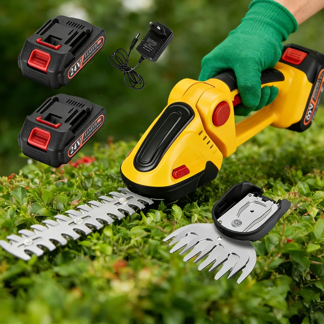 Akku Gras und Strauchschere 24V Rasenschere, Elektrische Heckenschere Rasentrimmer für Gartenarbeit mit verschiedenen Messer Aufsätzen, 30 cm Schere, 10 cm Grasmesser, Zwei 1500mAh Akkus und Ladegerät