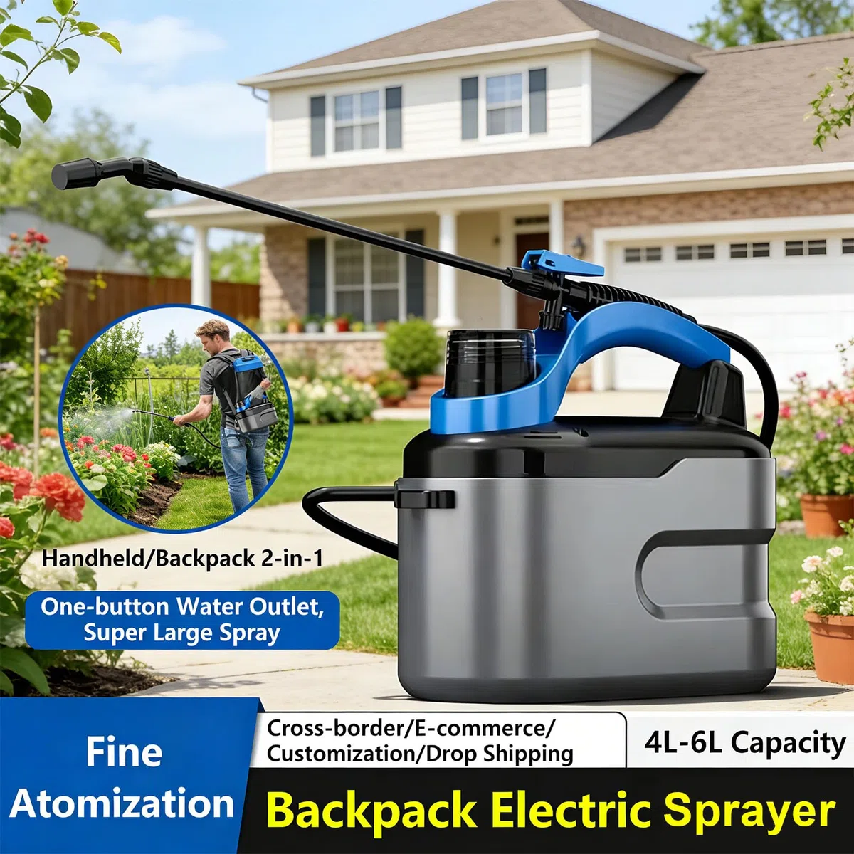 VBESTLIFE Elektrisches Gartensprühgerät, Batteriebetriebenes 1800-mAh-Sprühgerät mit Verstellbarem Teleskopstab und Düse für die Garten- und Pflanzenpflege (4L)