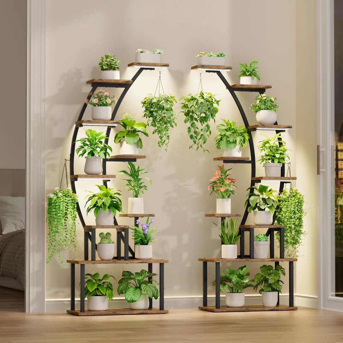 BACEKOLL Pflanzenregal mit Wachstumslicht - 9 Ebenen Blumenständer 160cm Metall Holz Pflanzenständer - Innen & Außen Blumentreppe - Dekoratives Schwarz Blumenregal für Innen Garten Balkon
