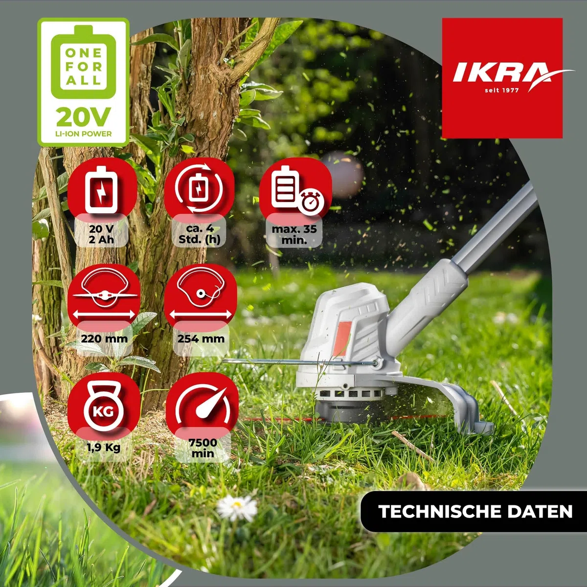 IKRA 2in1 Akku Rasentrimmer IART 2025 inkl. Fadenspule & 20 Nylonmesser | Inkl. Akku 20V 2,0Ah & Ladegerät, 2 Schneidsysteme, Teleskop-Höhenverstellung, 1,9kg leicht, 20 Volt Akku-Familie von IKRA