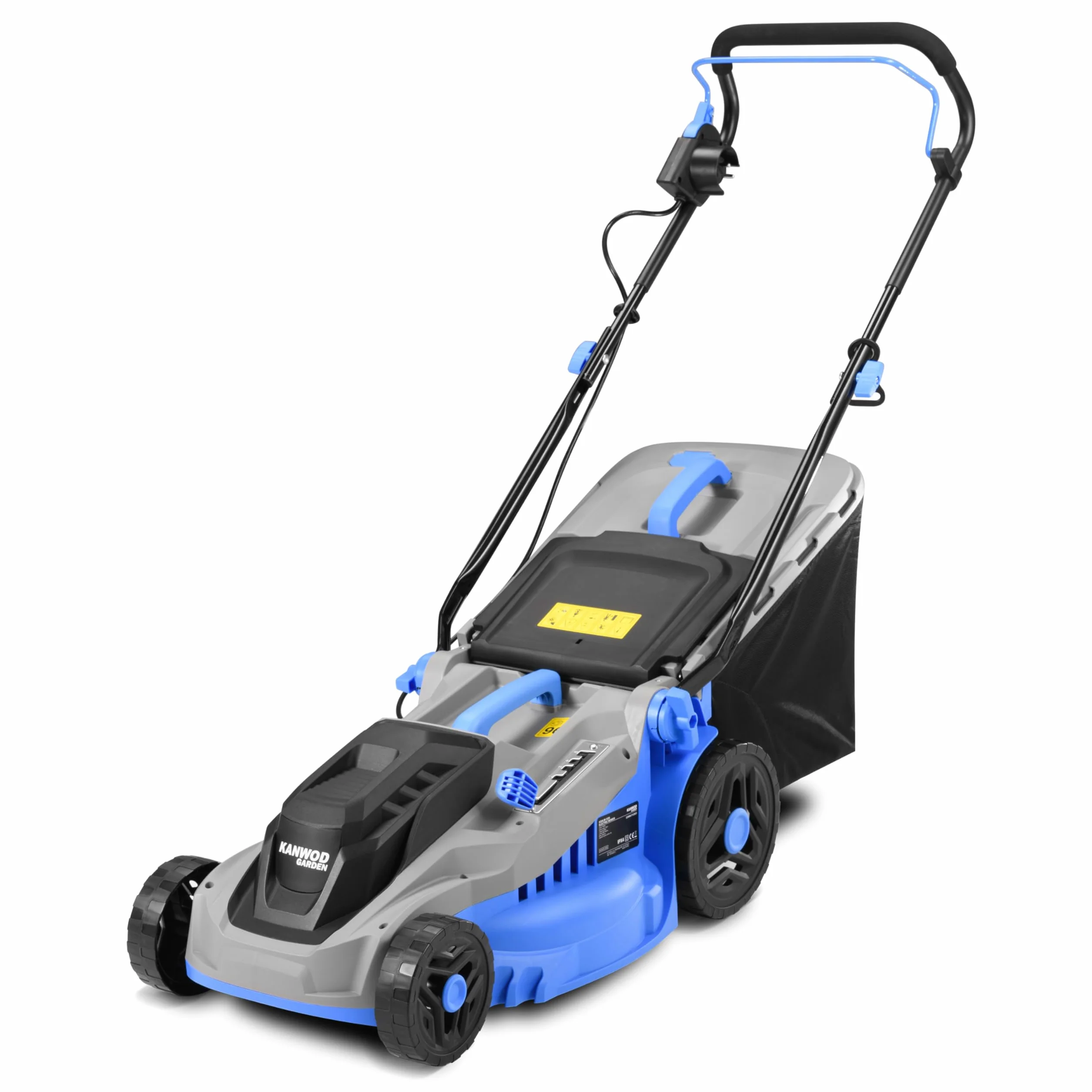 KANWOD Elektro Rasenmäher, 1600 W, 38 cm Schnittbreite, 5-stufige Schnitthöhenverstellung 30-75 mm, 42 L Grasfangkorb, 3400 U/min, empfohlen für Rasenflächen bis 1000 m², Grau/Blau